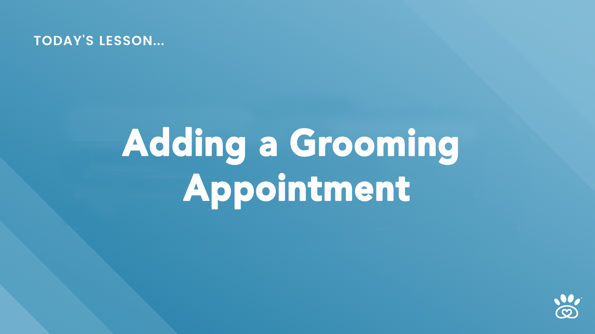 Blue slide with the text "Today's Lesson... Adding a Grooming Appointment" and a small paw print icon in the bottom right corner, part of the RunLoyal Academy step-by-step video tutorials.