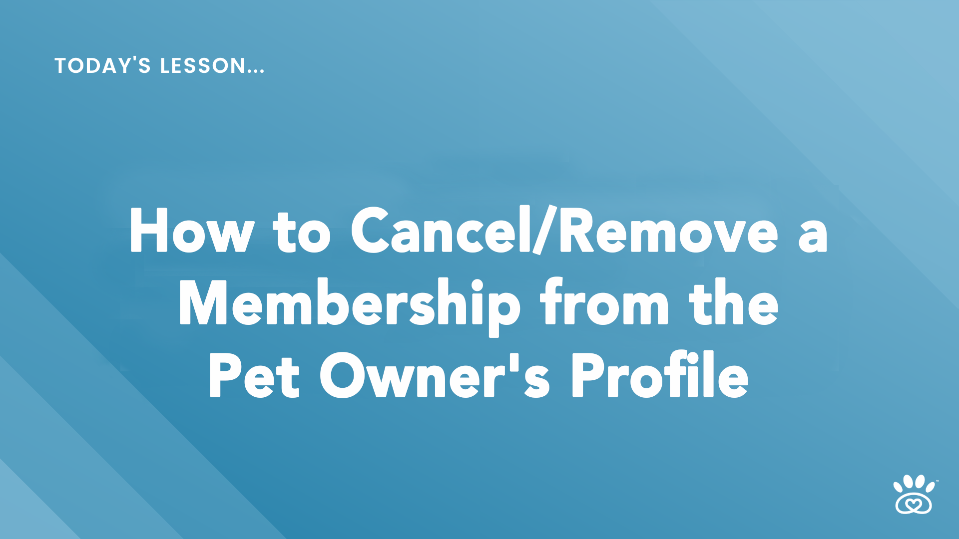 A blue background slide titled "Today's Lesson" from RunLoyal Academy covers how to cancel or remove a membership from a pet owner's profile. A paw print logo is present at the bottom right, and additional video tutorials are available for further guidance.