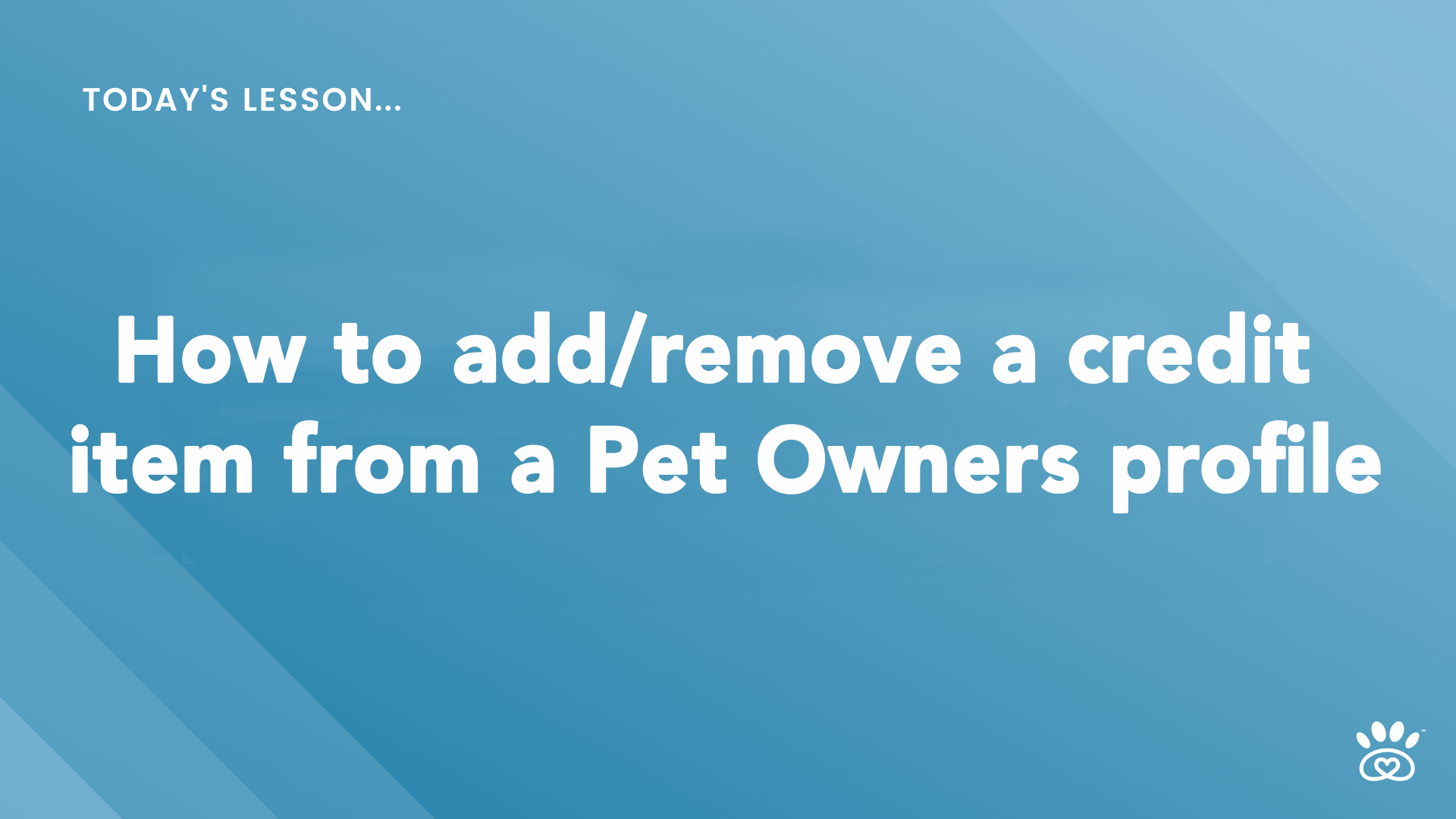 Instructional slide on adding or removing a credit item from a Pet Owners profile, titled "Today's Lesson: How to add/remove a credit item from a Pet Owners profile" with step-by-step video tutorials available at RunLoyal Academy.