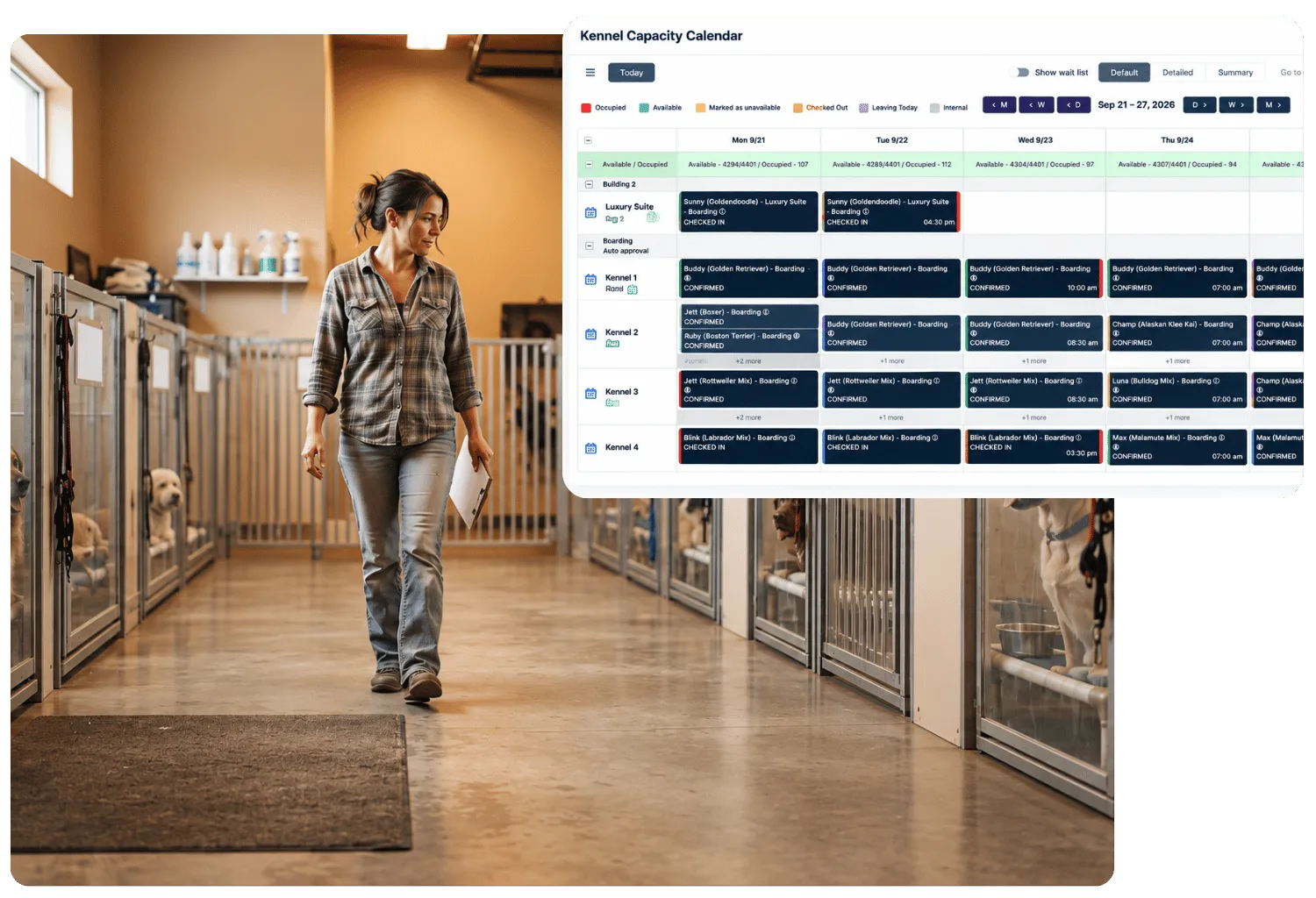 Kennel Capacity Calendar showing a week of boarding reservations by kennel, beside a staff member with a clipboard walking down a kennel hallway