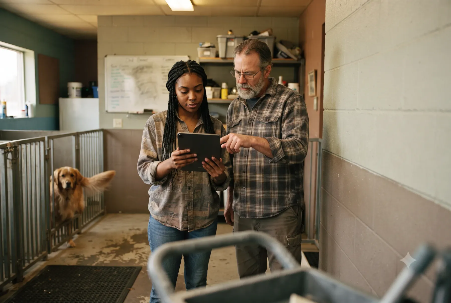 Two kennel staff members reviewing a tablet together in front of an old whiteboard, with a golden retriever watching from a kennel run