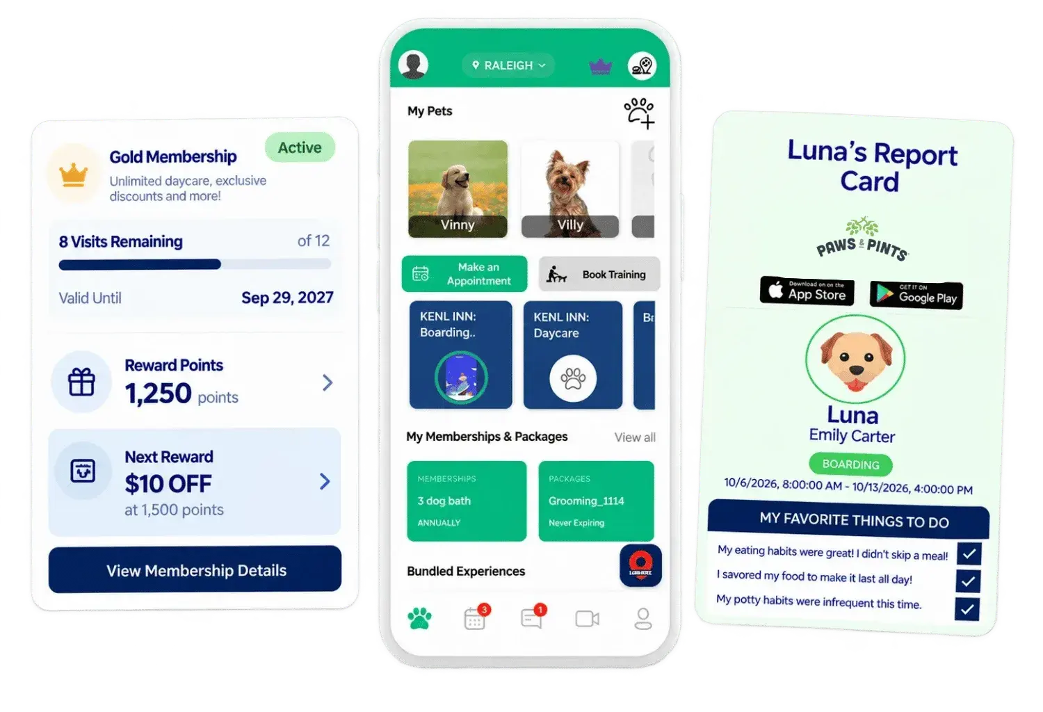 A pet care business's own branded app, showing a membership card, the pet home screen, and a report card
