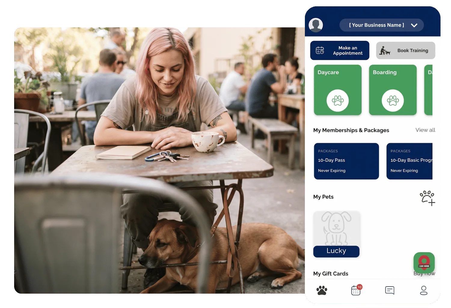 Pet owner at an outdoor café table with her dog resting underneath, beside a branded pet owner app home screen with appointment booking, daycare and boarding, memberships and packages, and pet profile