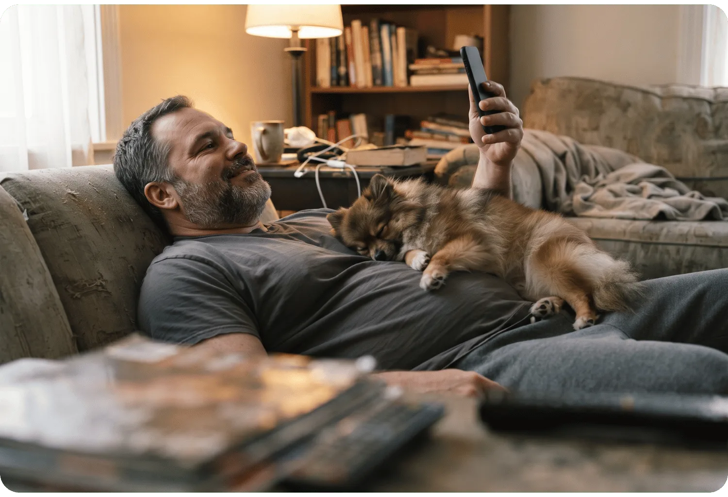 Pet parent relaxing on a couch smiling at his phone while his small fluffy dog sleeps on his chest