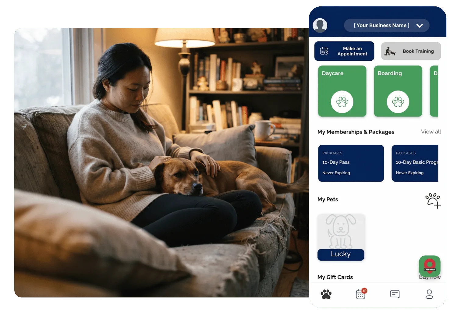 Branded pet parent app home screen with appointment booking, service tiles, packages, and pets, beside a woman relaxing on a couch with her dog in her lap