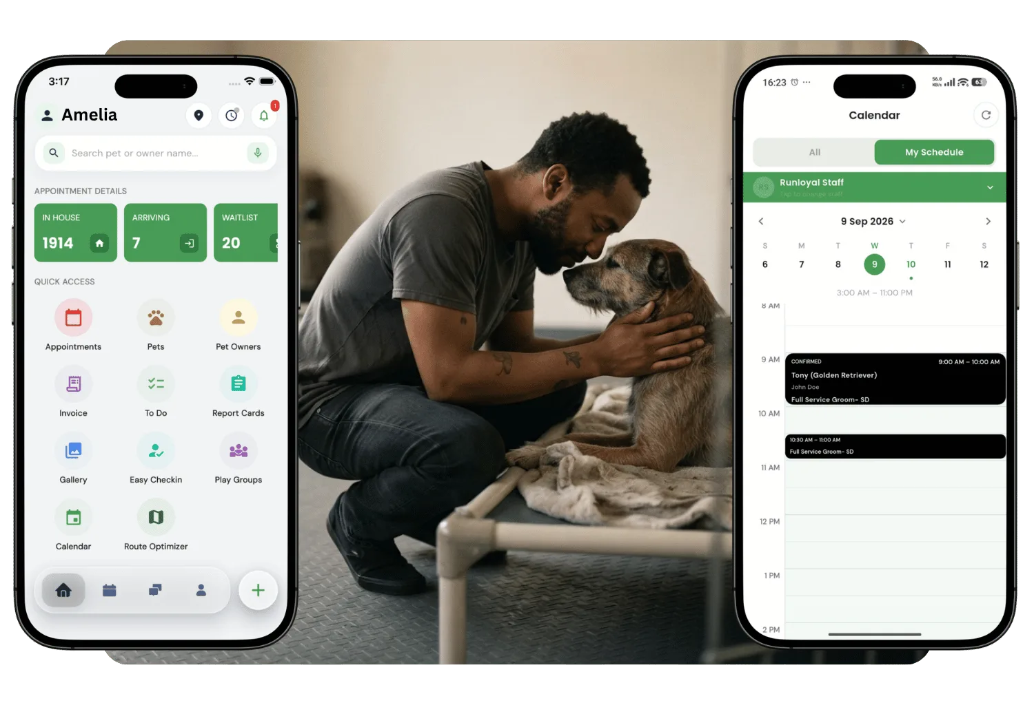 Two phones showing the staff app home screen and a groomer's calendar, around a staff member resting his forehead against a senior dog on a raised bed