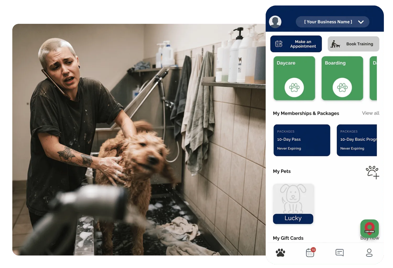 Branded pet parent app home screen with appointment booking, service tiles, packages, and pets, beside a stressed groomer on the phone while bathing a shaking doodle in a tub