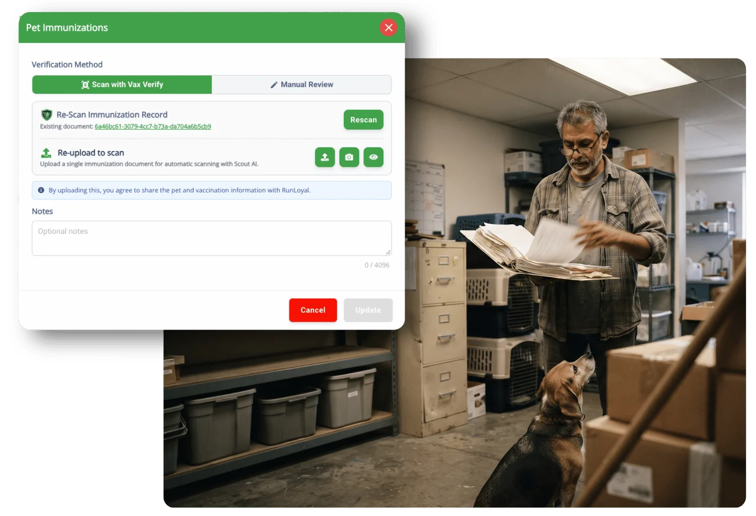 Pet Immunizations dialog with Scan with Vax Verify selected and options to rescan or re-upload a record, beside a staff member flipping through a thick binder of paper records in a back office as a dog looks up