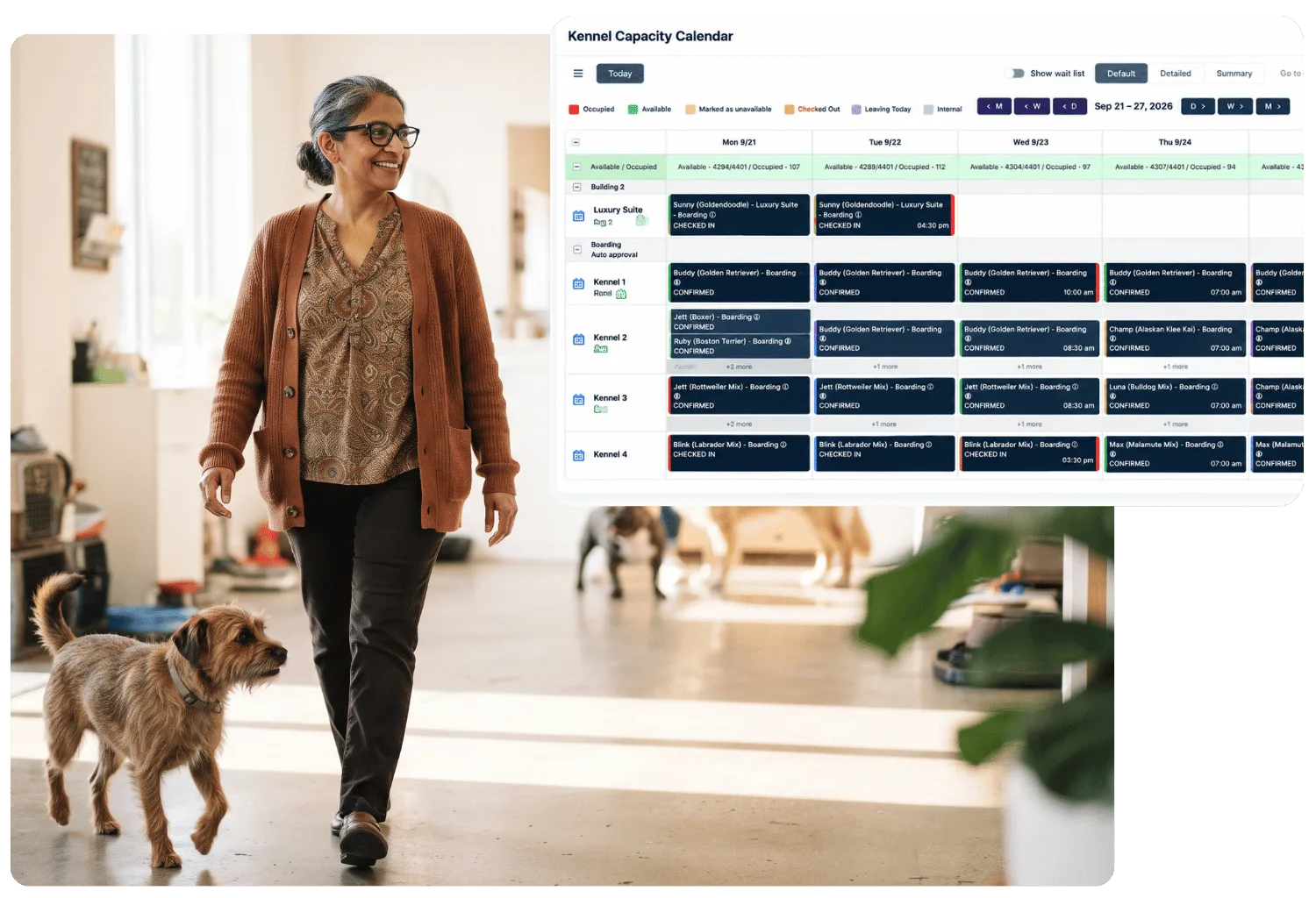 Kennel Capacity Calendar showing a week of boarding reservations by kennel, beside a smiling staff member walking through a sunny daycare floor with a scruffy dog