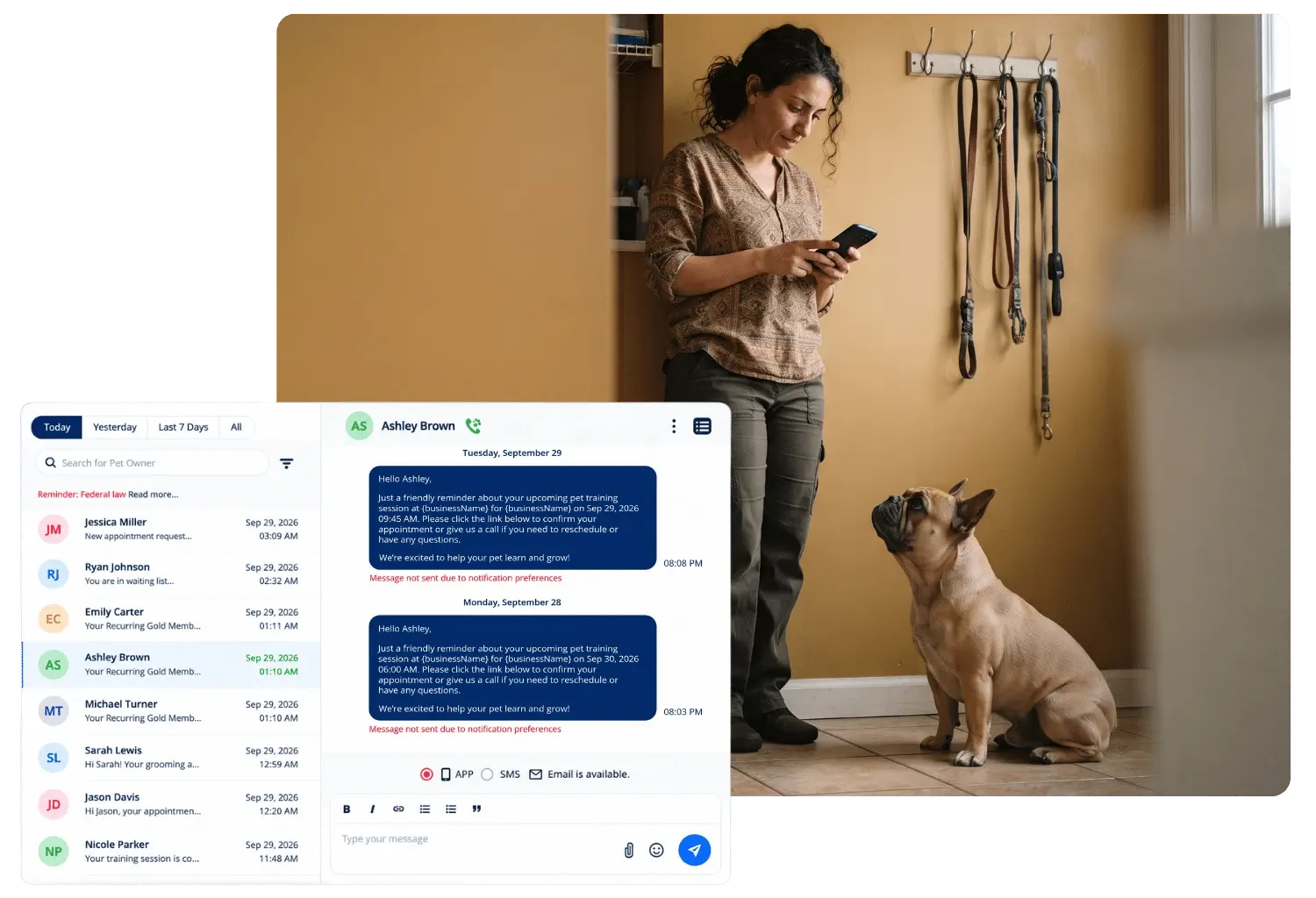 Message hub listing client conversations with an appointment reminder thread and app, SMS, and email options, beside a staff member texting on her phone as a French bulldog looks up