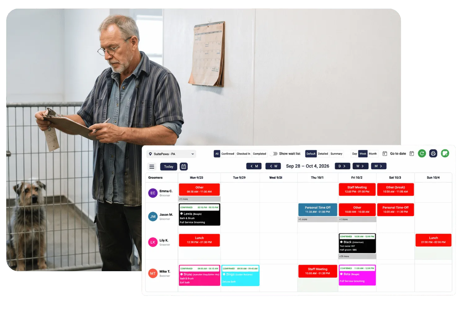 Weekly groomer calendar showing each groomer's appointments, meetings, and time off, beside a staff member reviewing a clipboard next to a kennel with a dog inside
