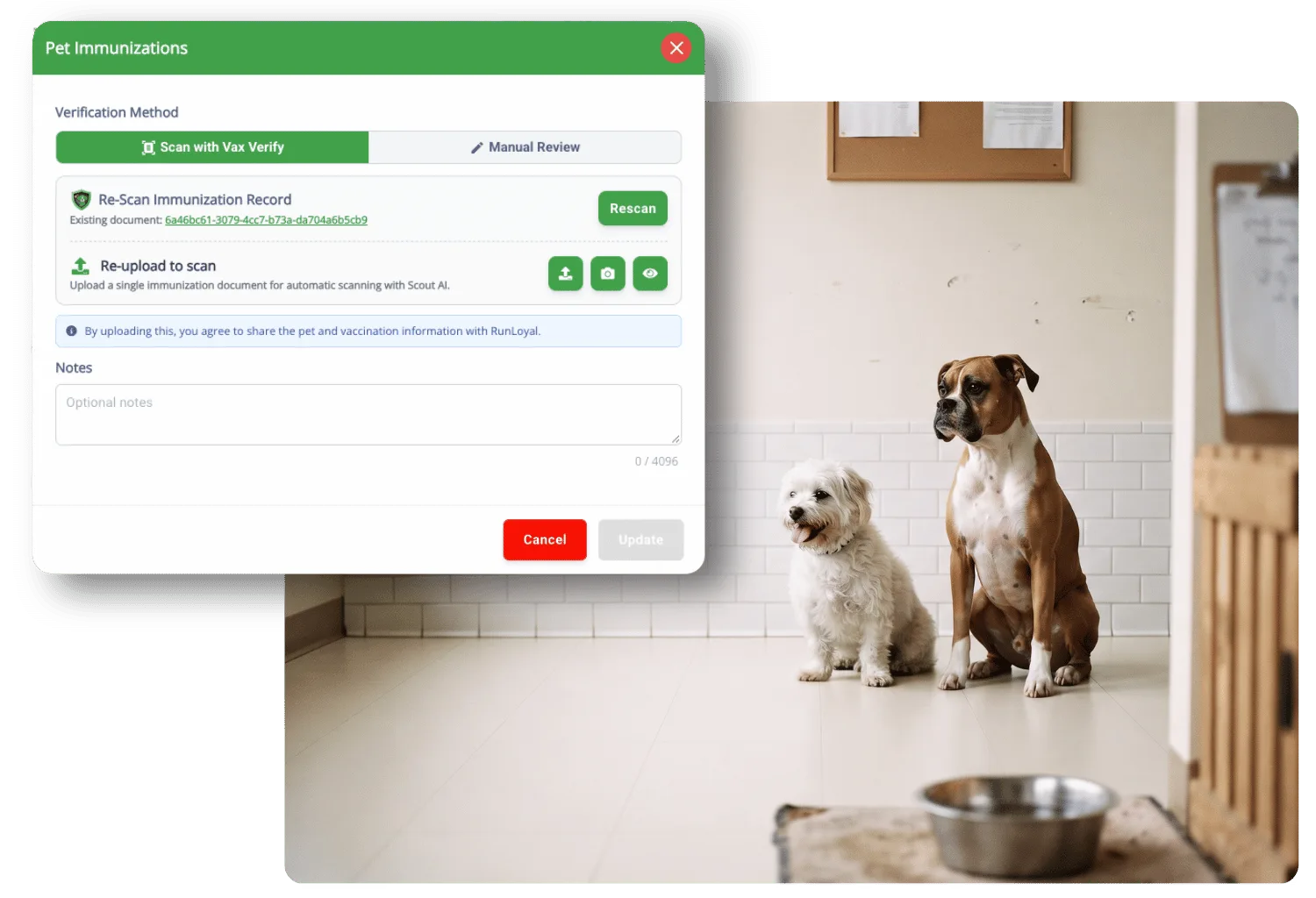 Pet Immunizations dialog with Scan with Vax Verify selected and options to rescan or re-upload a record, beside a small white terrier and a boxer sitting side by side in a facility hallway