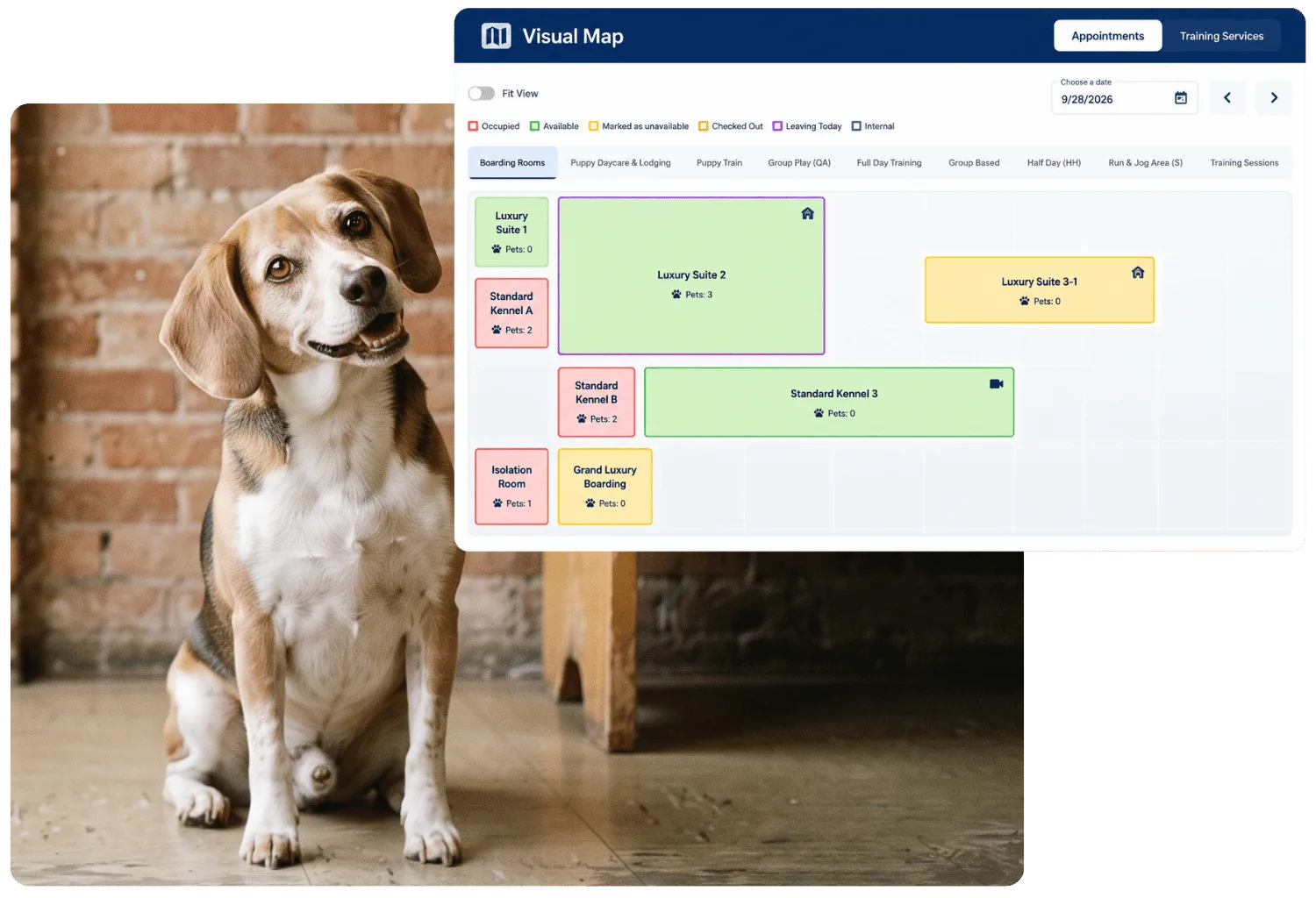 Visual Map of boarding rooms color-coded by occupied, available, and unavailable status with pet counts, beside a beagle sitting by a brick wall