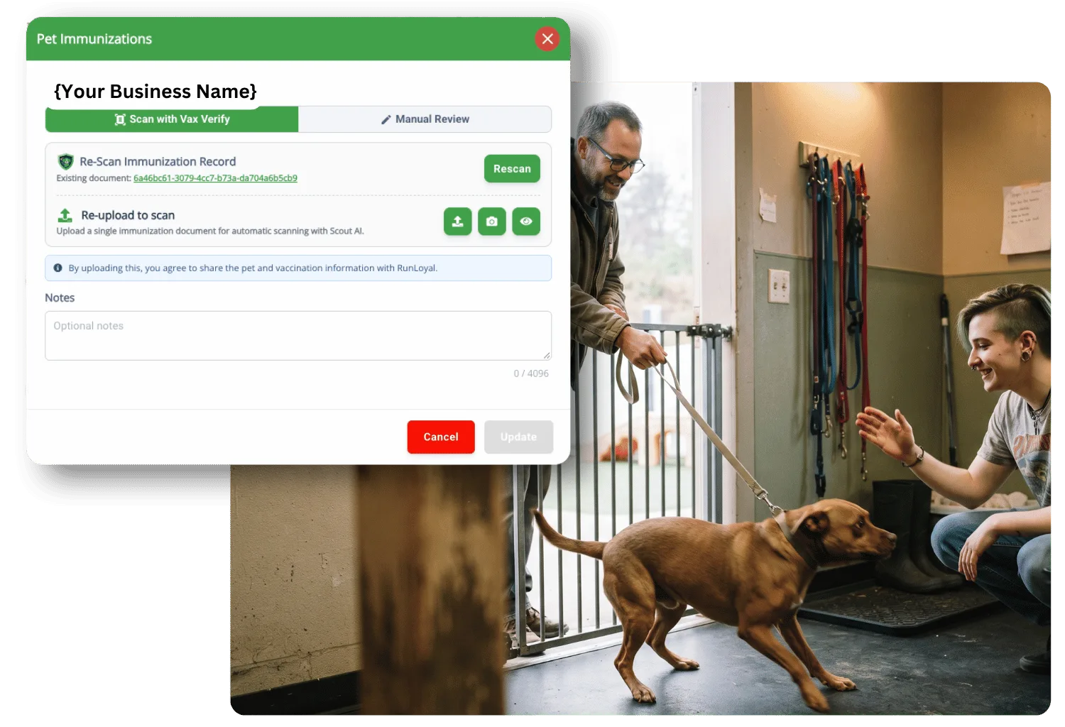 Smiling daycare staff member crouching to greet a brown dog on a leash as its owner drops it off at the gate, beside the Pet Immunizations dialog with Scan with Vax Verify, rescan and re-upload options