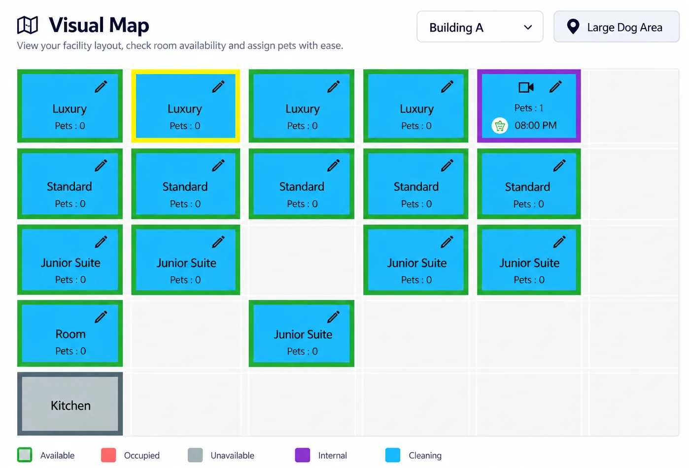 Visual Map for Building A, Large Dog Area, showing Luxury, Standard, and Junior Suite runs color-coded by availability