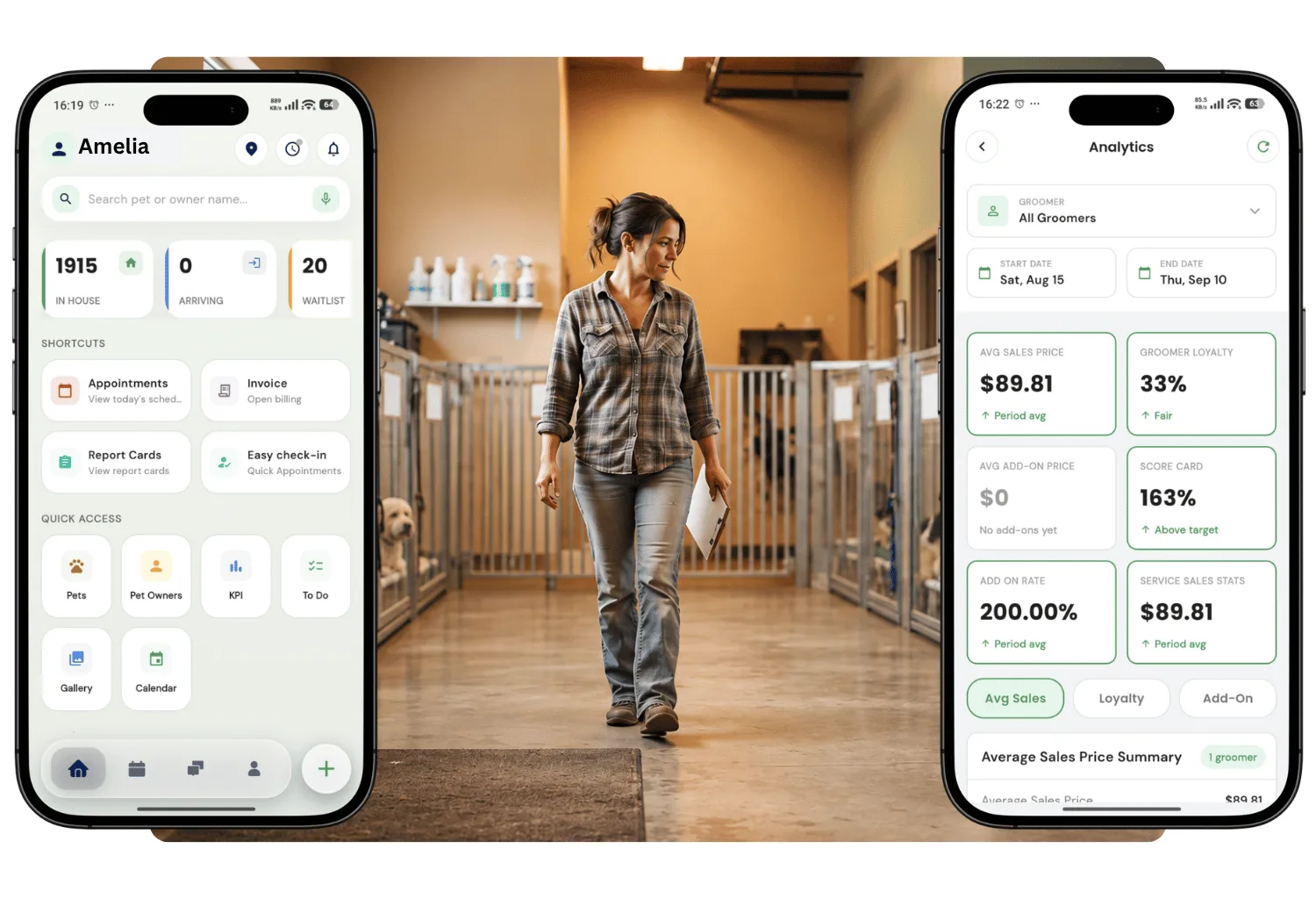RunLoyal staff app home and analytics screens on either side of a groomer walking through a kennel hallway