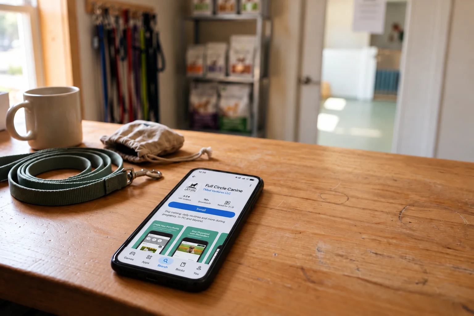 A phone on a pet care front desk showing the Full Circle Canine branded app listing with an Install button, next to a leash, treat pouch, and coffee mug