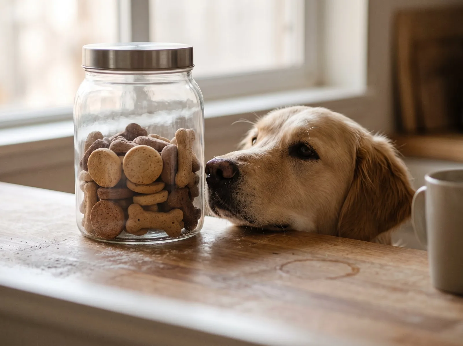 A Golden Retriever resting its nose against a clear glass jar of dog treats