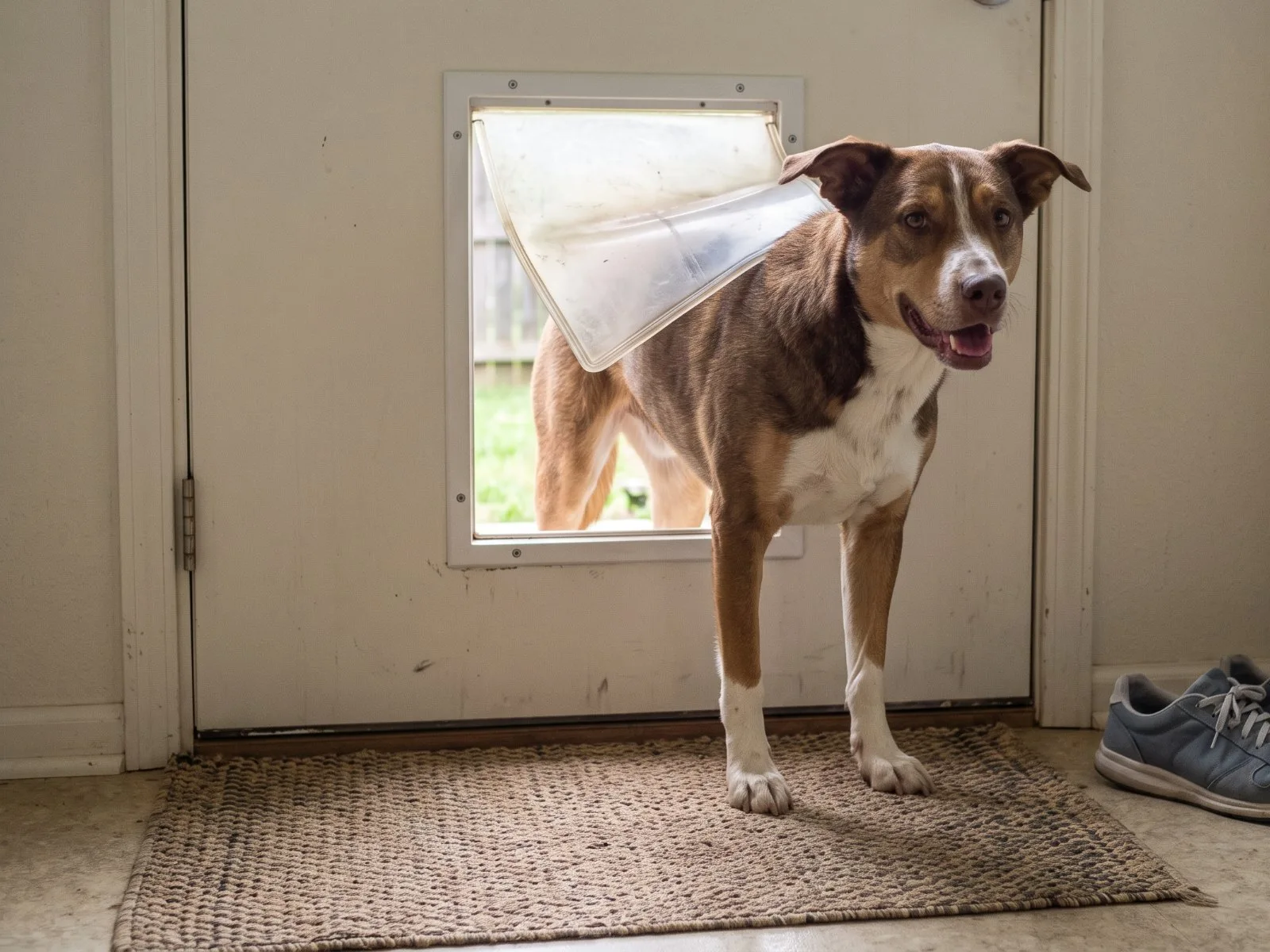A brown and white dog stepping in through a dog door onto a doormat