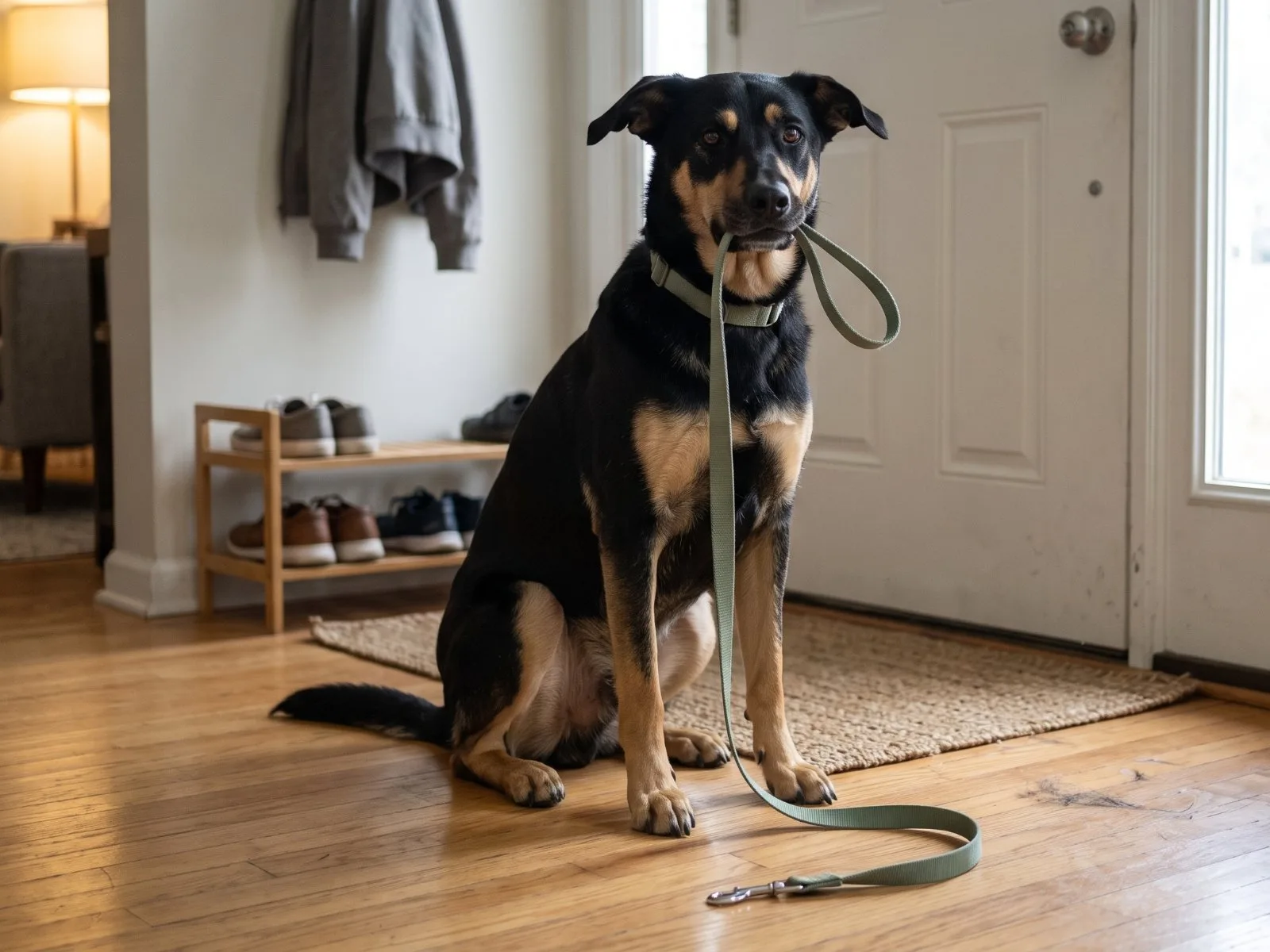 A black and tan dog sitting by the front door holding its leash in its mouth
