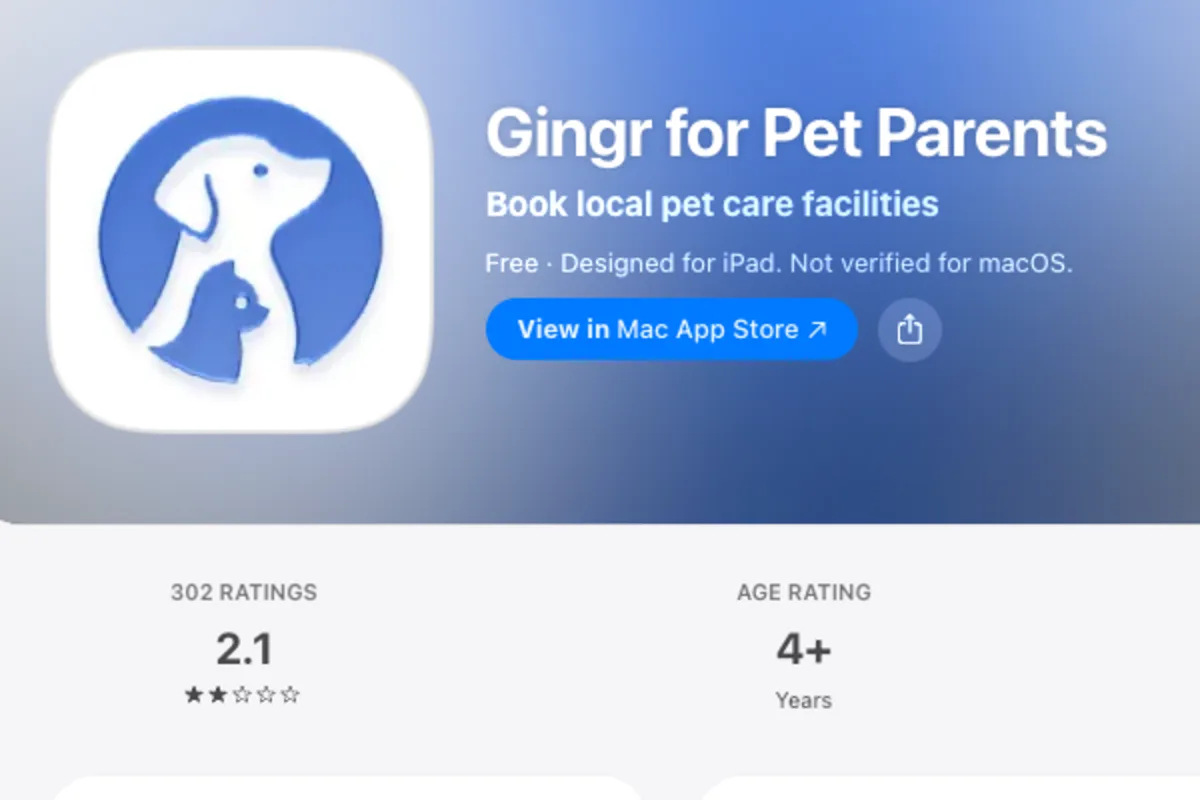 Apple App Store listing for Gingr for Pet Parents showing a 2.1 rating from 302 ratings, captured October 13, 2026