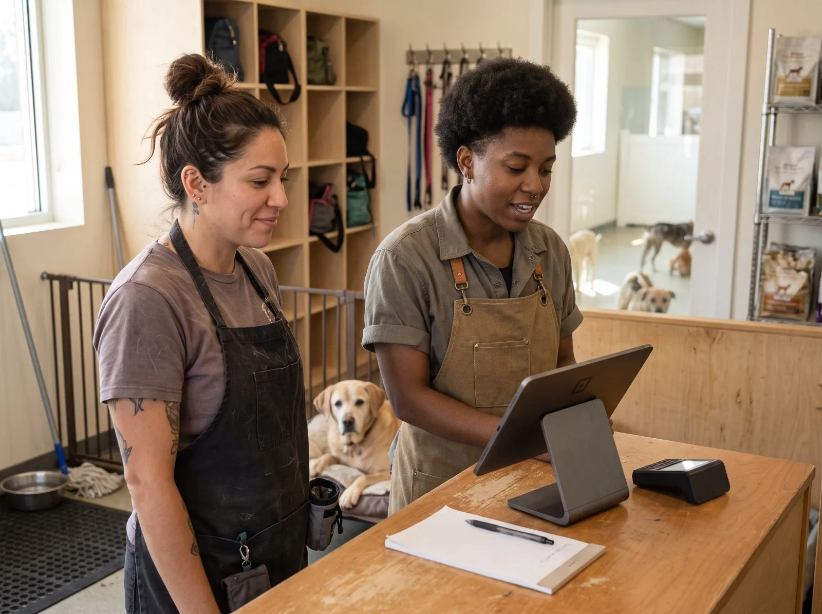 Two front desk staff checking a booking on a tablet while a yellow Labrador rests behind them