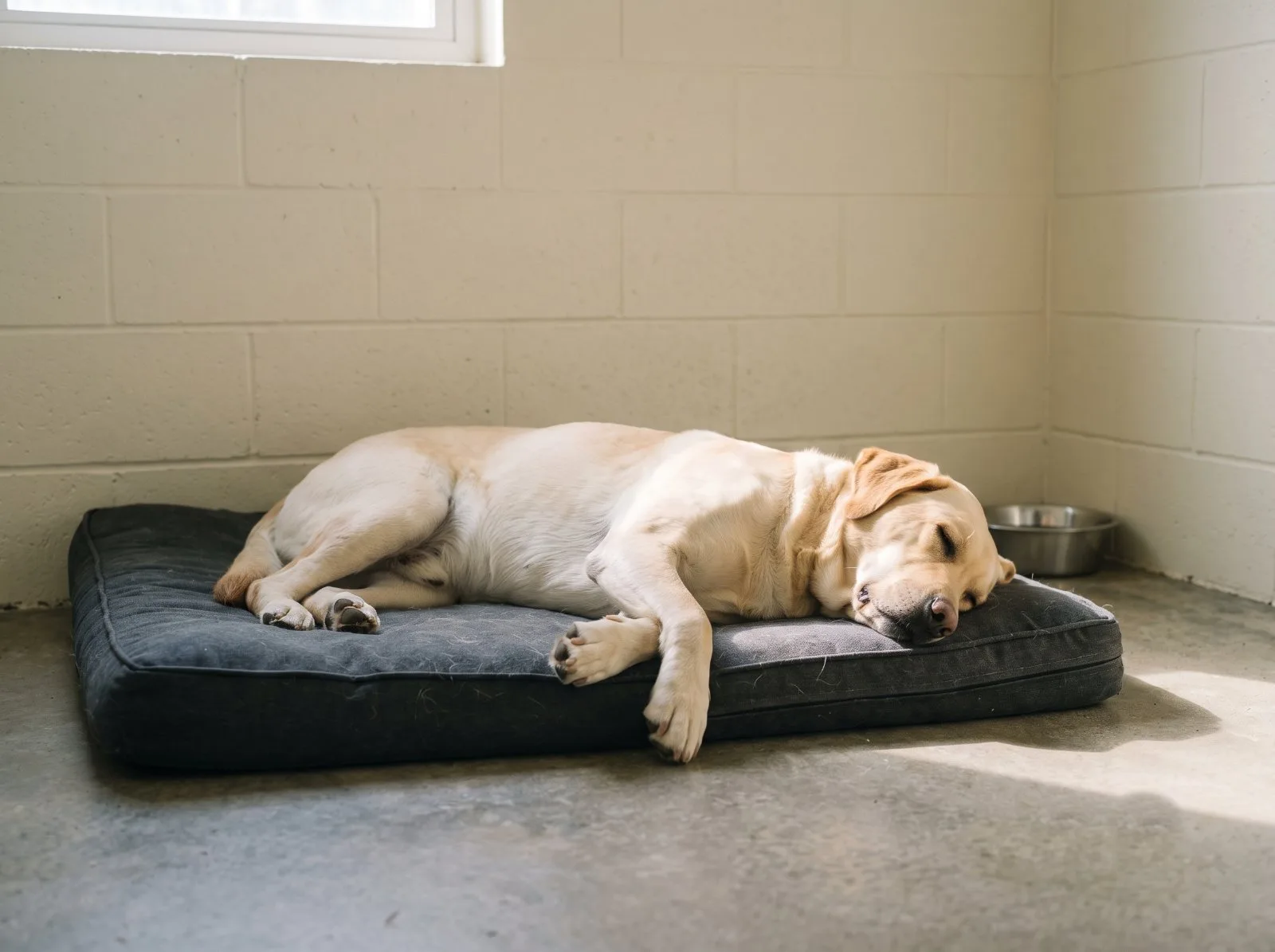 A yellow Labrador asleep on a cushion in a sunlit boarding suite