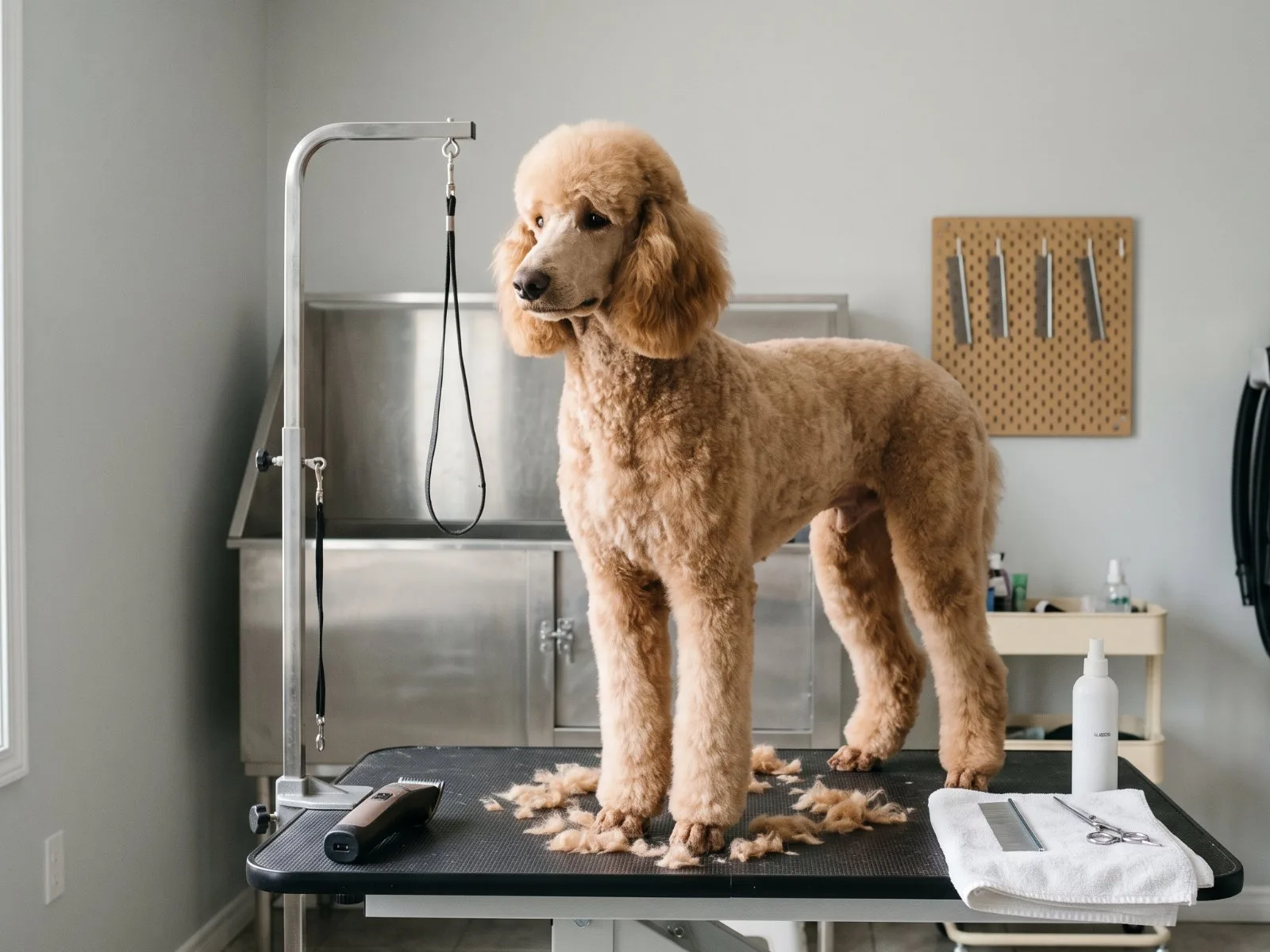 A freshly groomed apricot Standard Poodle standing on a grooming table