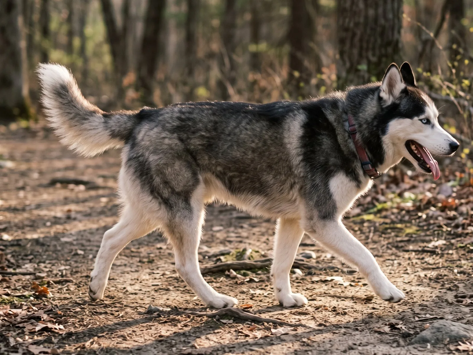 A Siberian Husky trotting along a wooded dirt trail