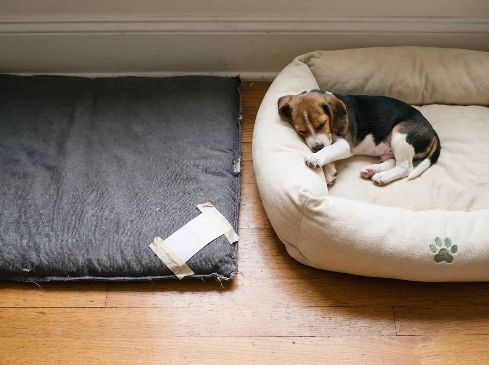 A beagle puppy asleep in a plush bed with a sage paw print, beside a worn gray mat with a blank taped-on tag