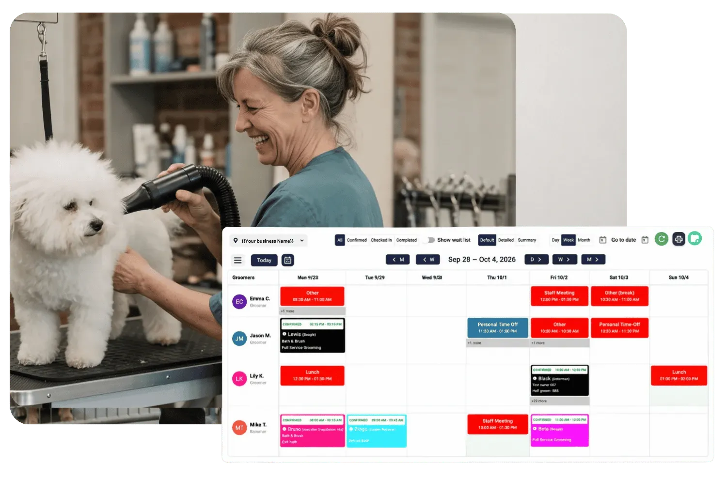 Weekly groomer calendar showing each groomer's appointments and blocked time, beside a groomer drying a dog
