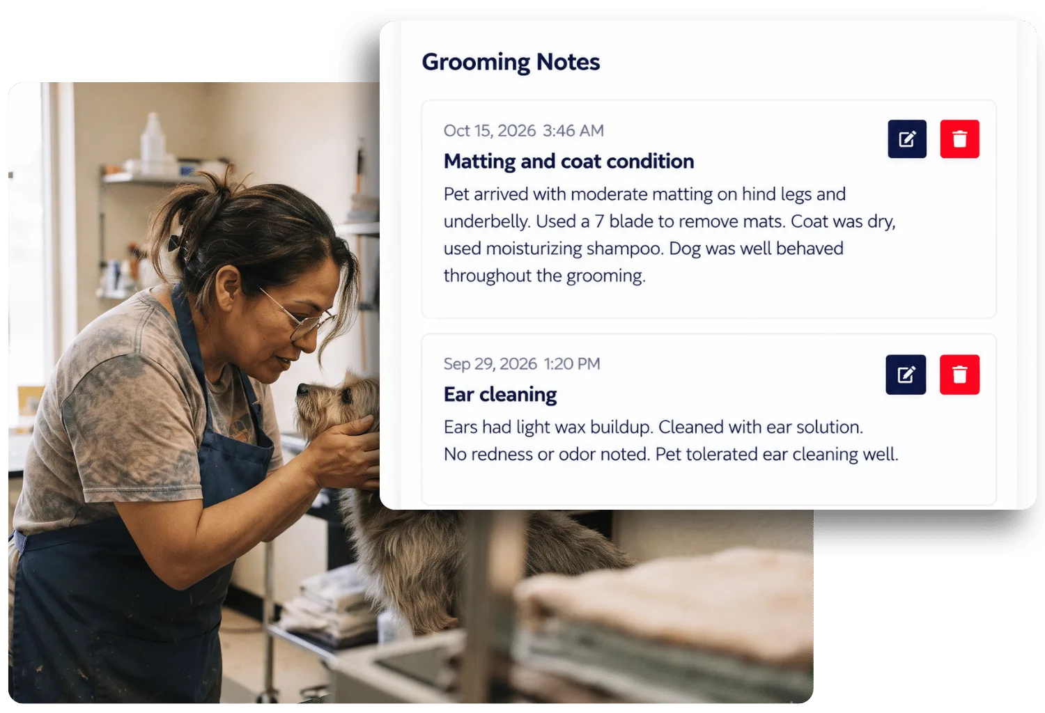 Grooming Notes panel showing dated notes on matting and ear cleaning, beside a groomer gently holding a scruffy dog's face