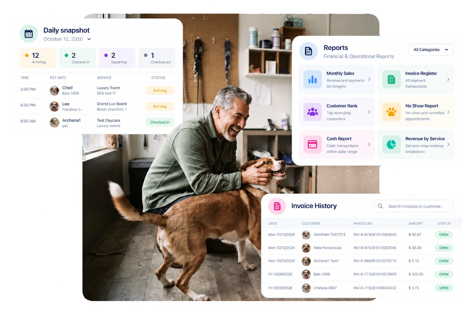 Daily snapshot, financial and operational reports, and invoice history around a smiling business owner playing with a dog