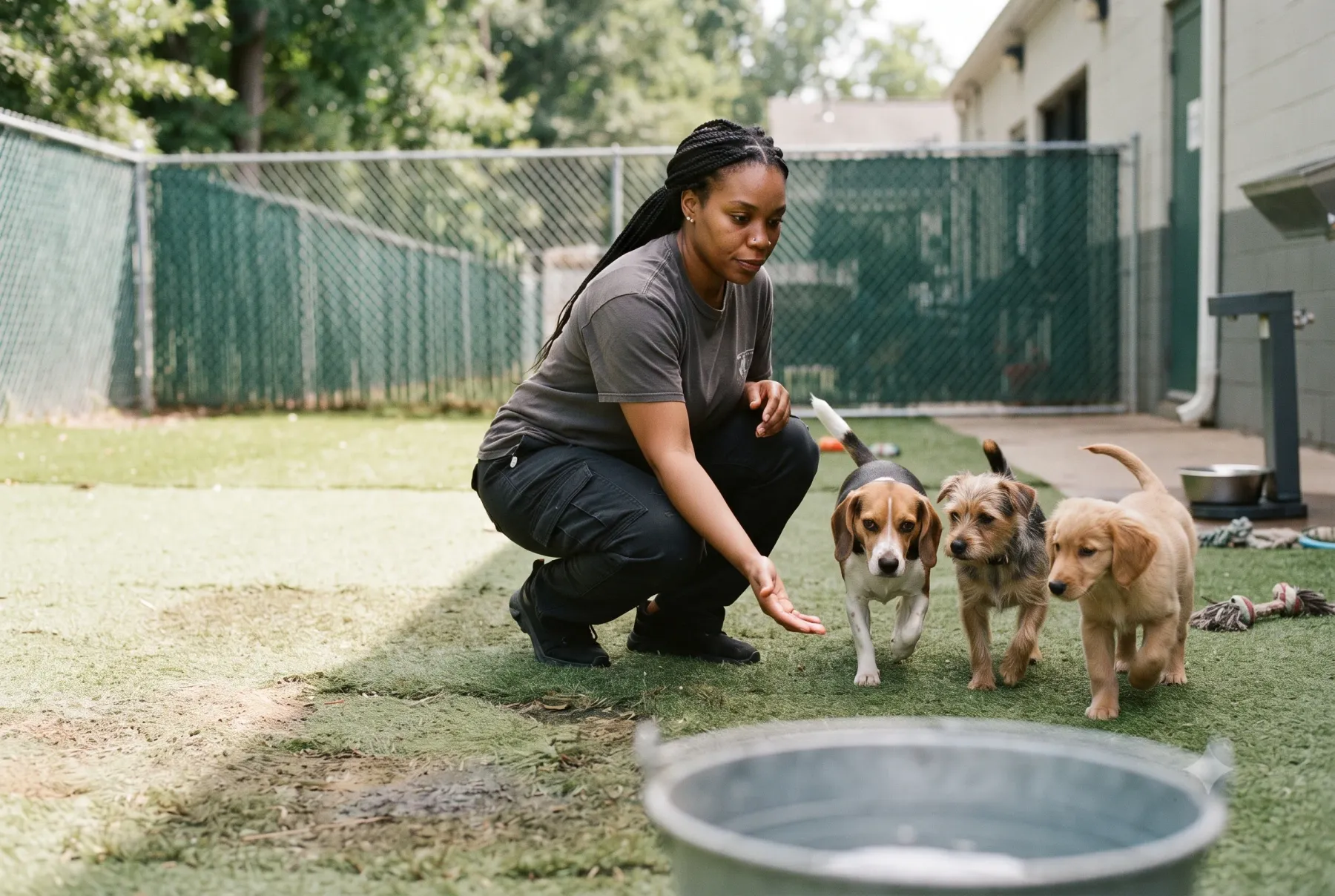 Daycare staff member crouching in a fenced turf play yard, reaching out to a beagle, a terrier mix, and a golden puppy