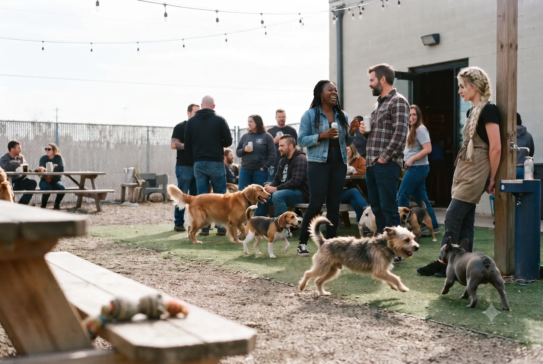 Guests holding drinks and chatting under string lights in an outdoor dog bar yard while off-leash dogs play on the turf