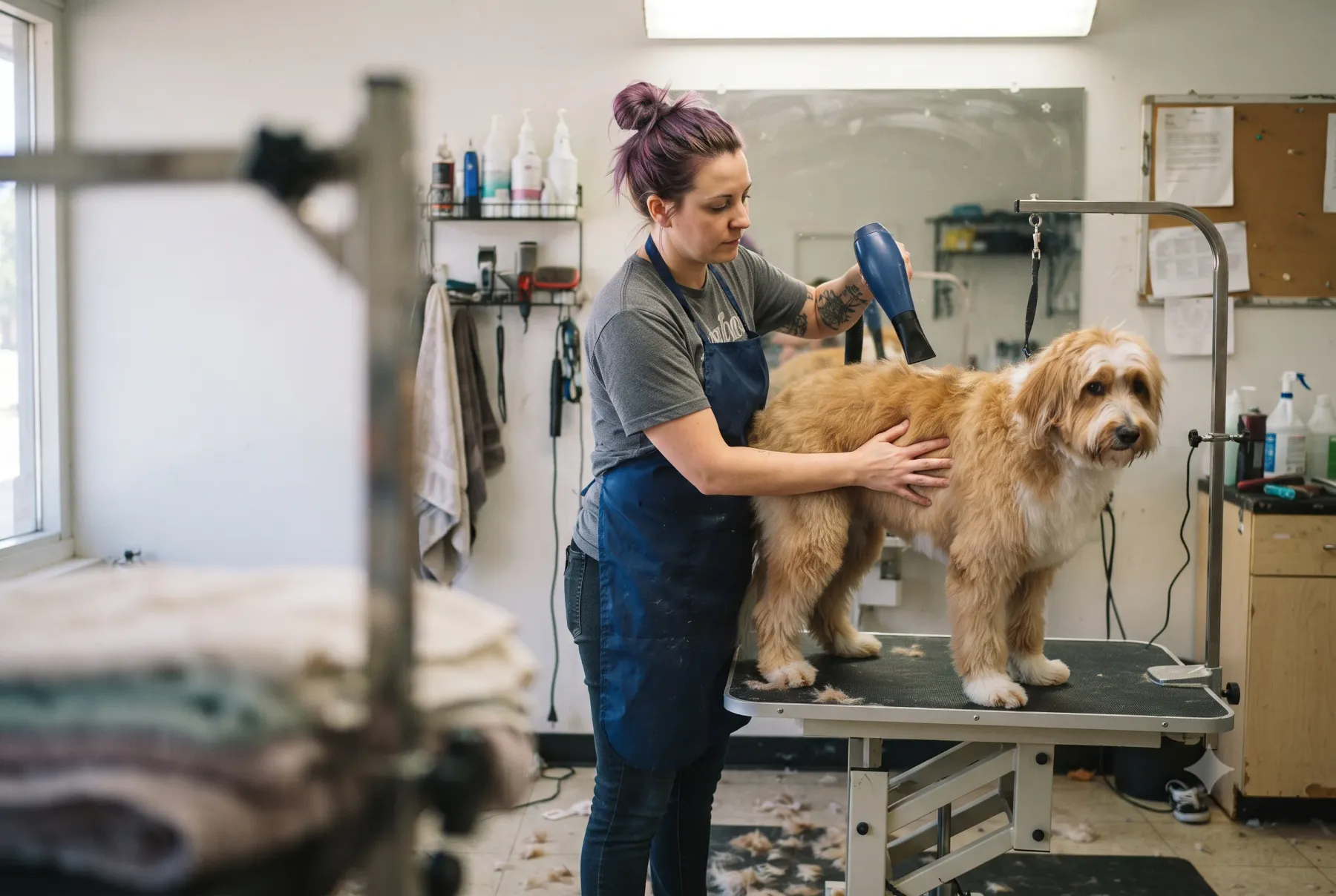 Groomer blow-drying a fluffy golden doodle standing on a grooming table in a salon