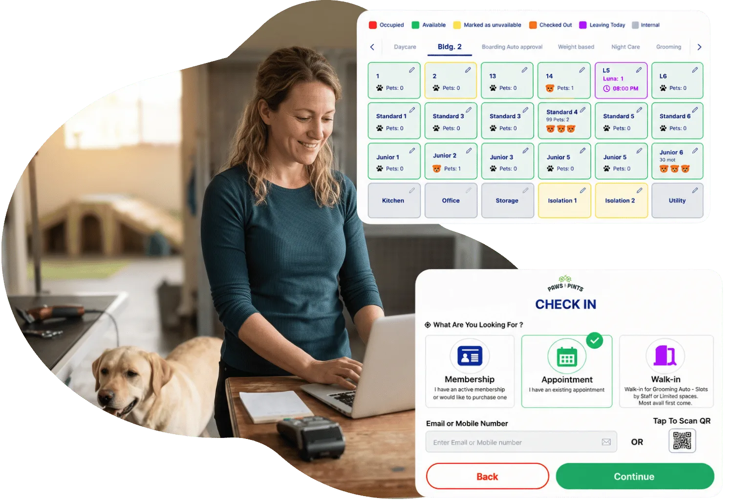 Pet care facility owner smiling at her laptop with a yellow Labrador beside her, alongside the RunLoyal Visual Map for Building 2 and the self check-in kiosk
