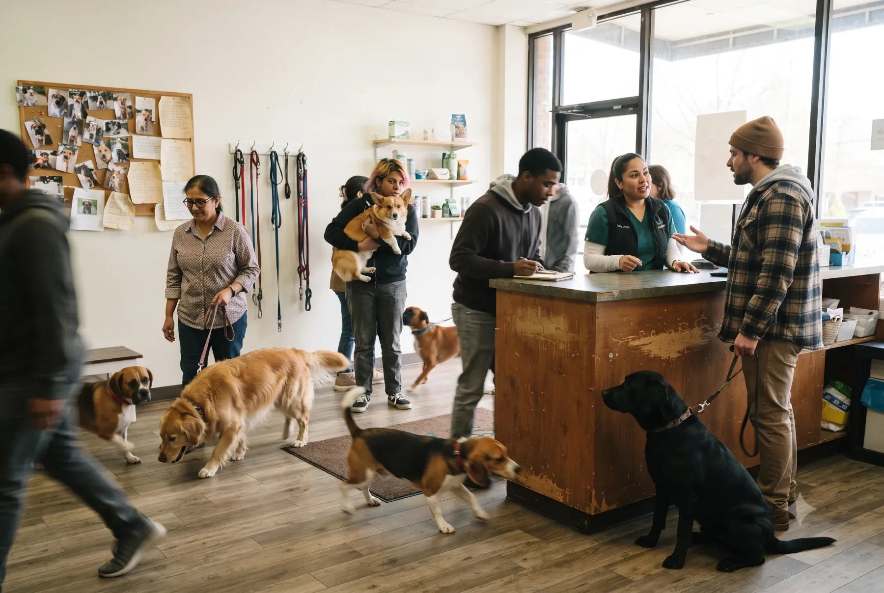 Busy pet care lobby with pet parents and their dogs lined up at the front desk while staff check them in on paper