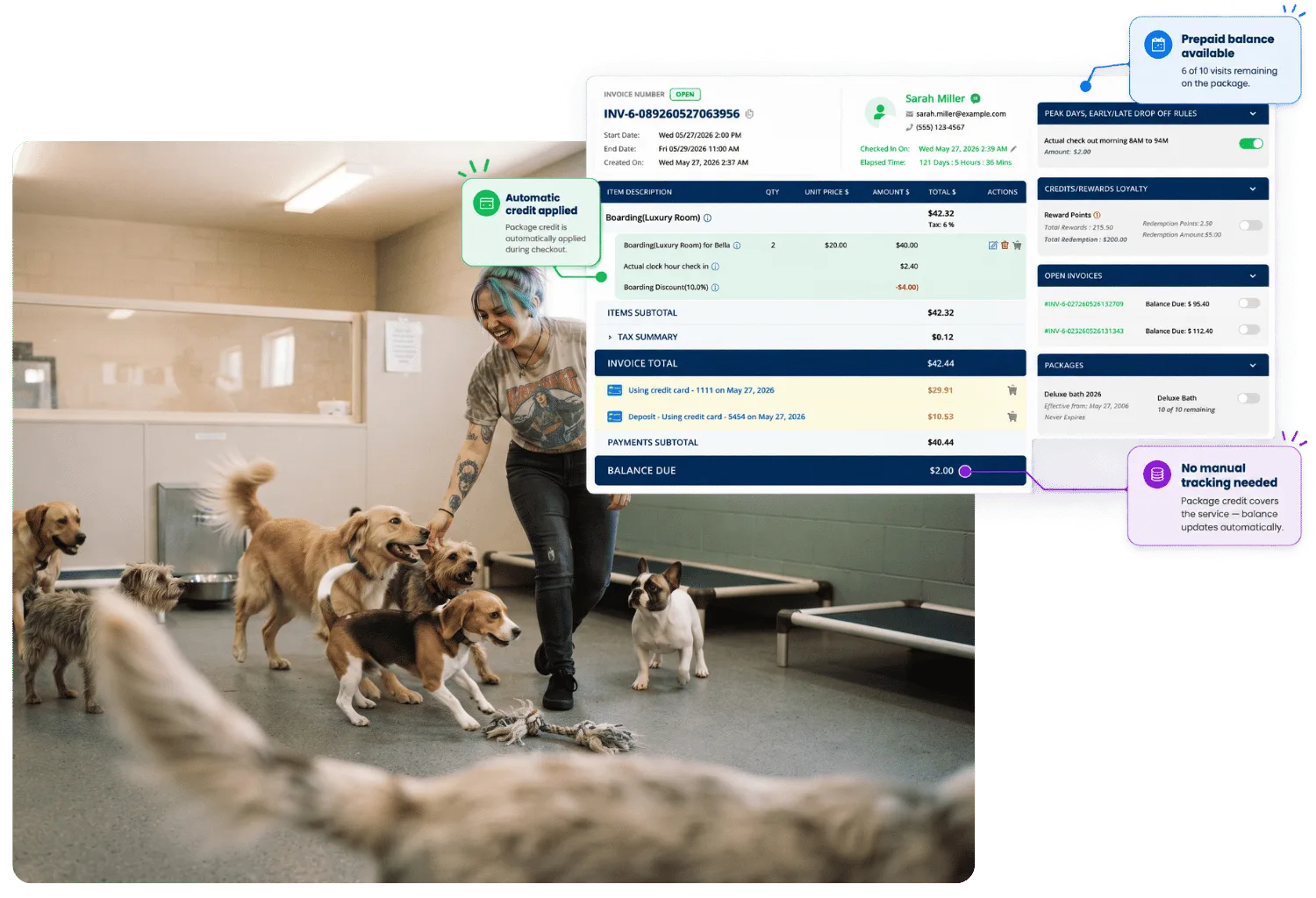 Boarding invoice with package credit automatically applied at checkout and a prepaid balance callout, beside a smiling staff member playing with a group of dogs in an indoor kennel room