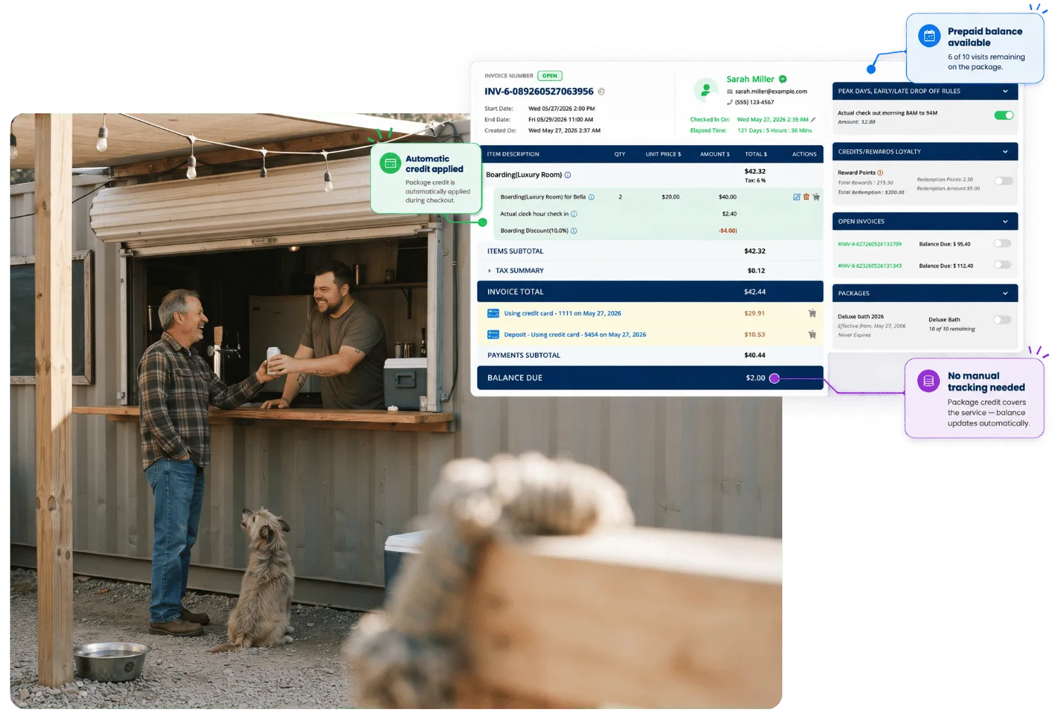 Invoice with package credit automatically applied at checkout and a prepaid balance callout, beside a bartender handing a drink to a guest at a dog bar window as a dog looks on