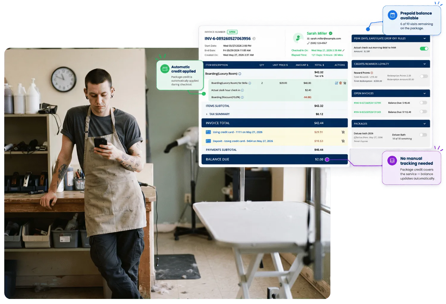 Invoice with a card deposit and package credit applied at checkout leaving a small balance due, beside a groomer in an apron checking his phone in the salon