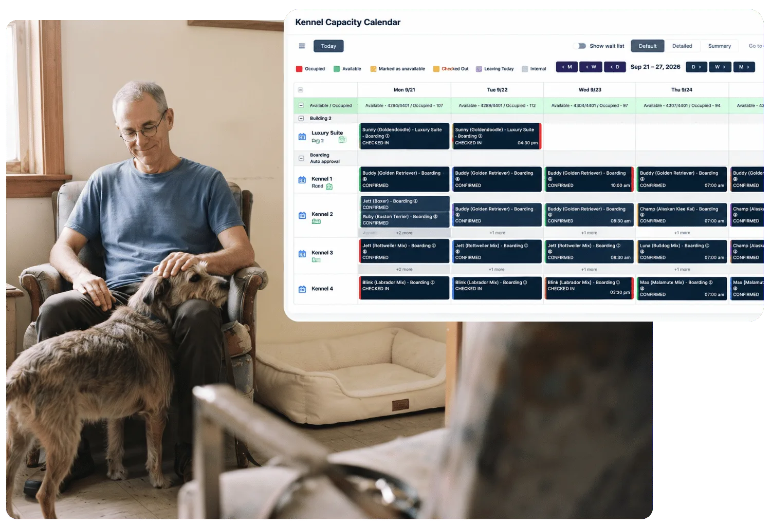 Pet care owner smiling as he pets a scruffy dog in an armchair, beside a kennel capacity calendar showing a busy week of confirmed and checked-in boarding stays across luxury suites and kennels