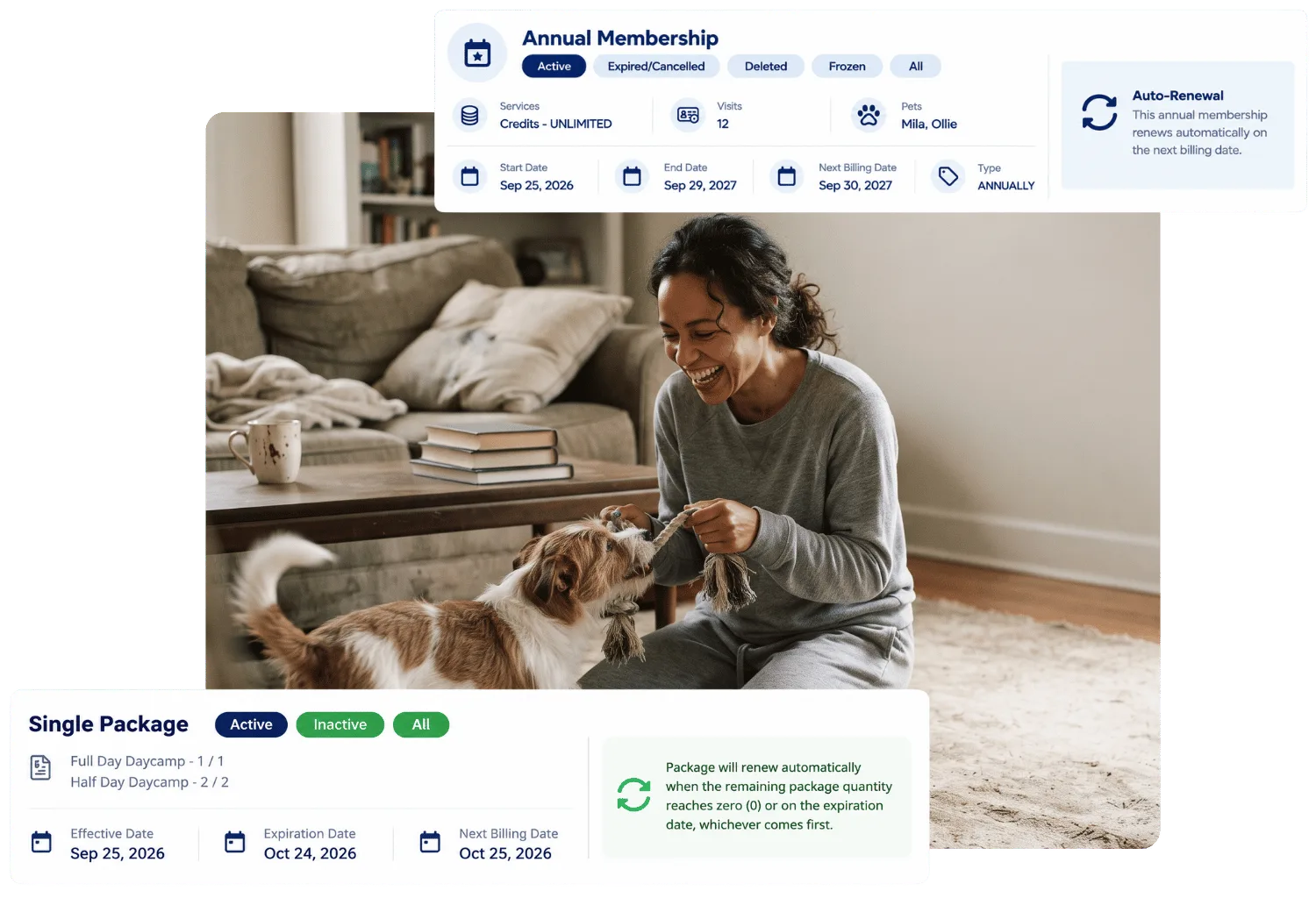 Annual Membership card with unlimited credits and auto-renewal, and a Single Package card with daycamp credits, around a laughing woman playing tug with her dog in her living room