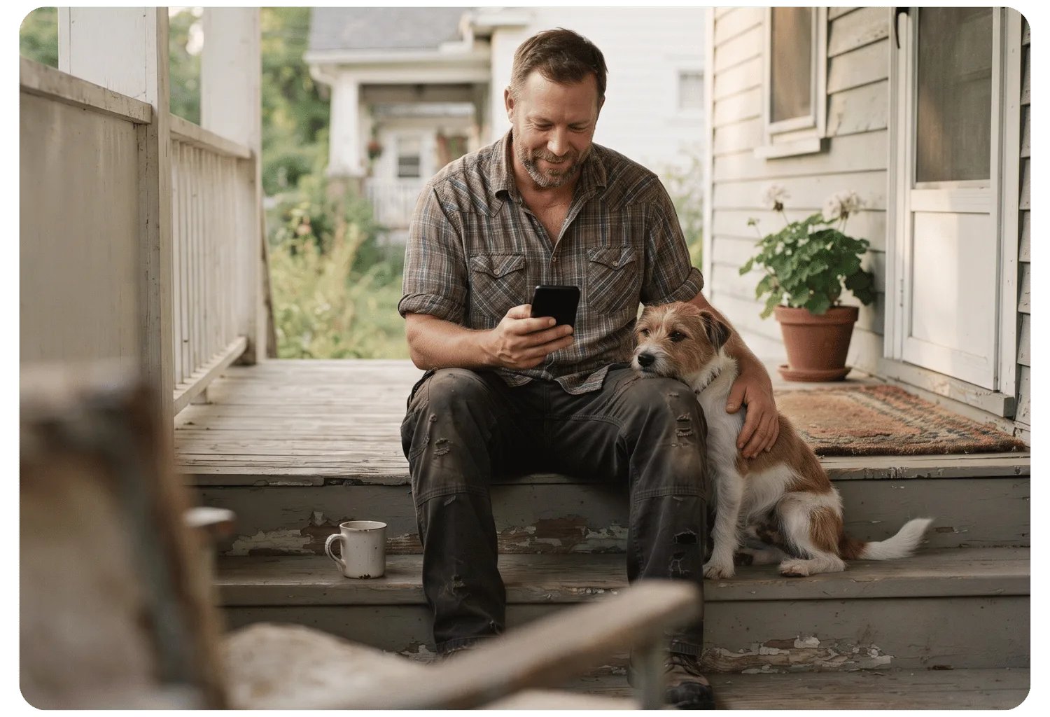 Pet parent sitting on his porch steps smiling at his phone with his arm around his terrier