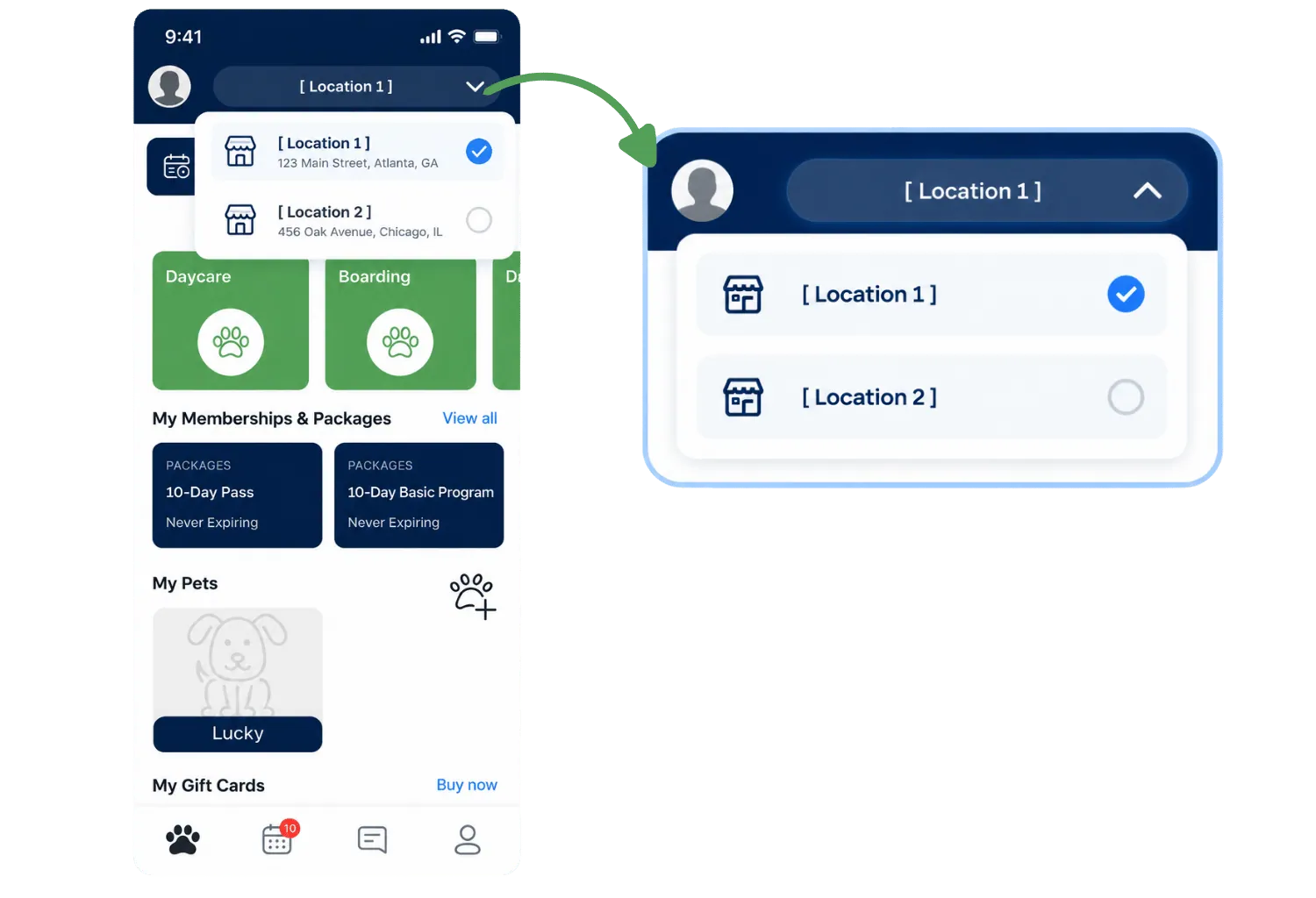Branded app location switcher letting pet parents choose between multiple locations
