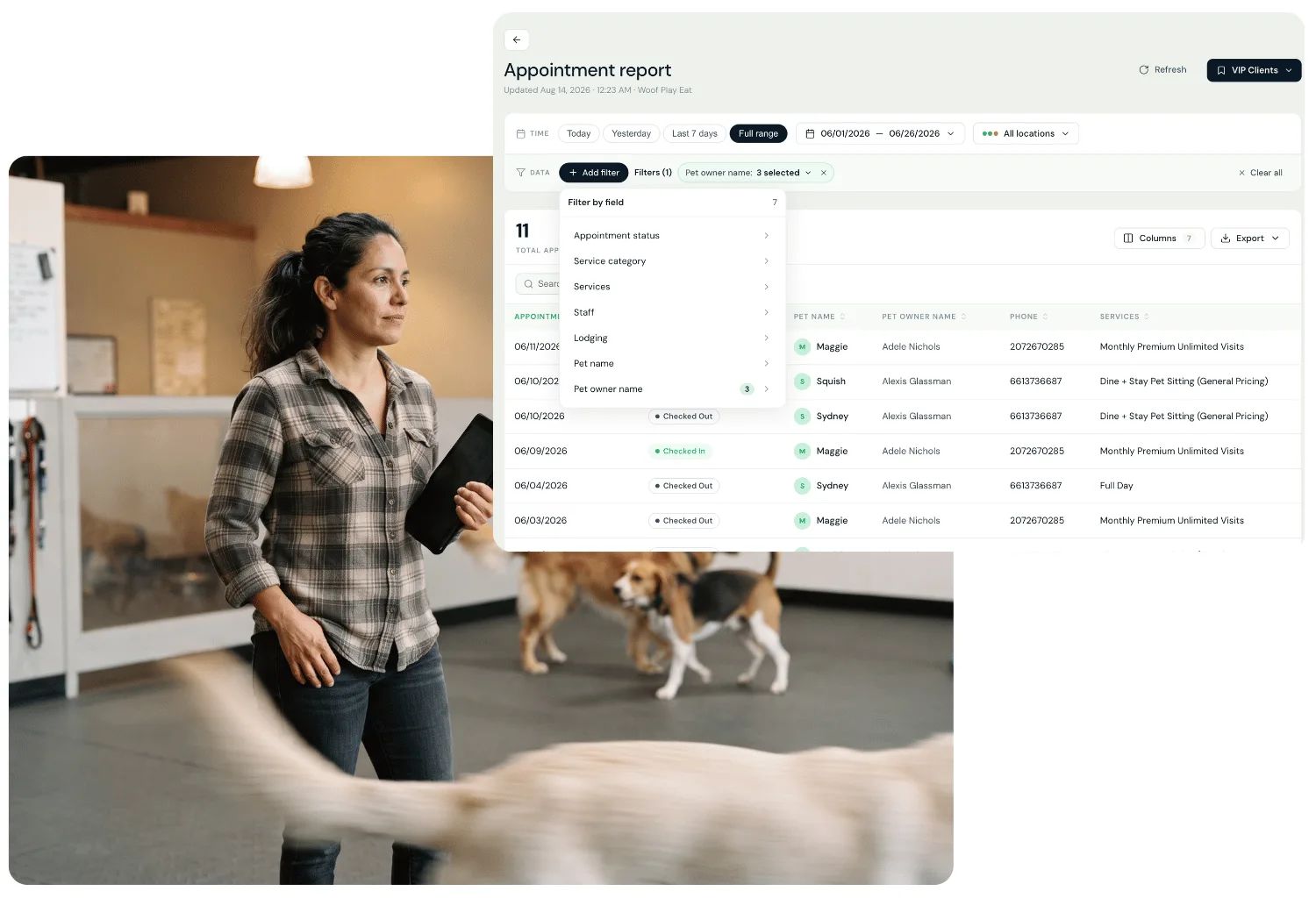 Paw Metrics Appointment report with date range, location, and pet owner filters, beside a staff member working at a laptop while a dog plays on the floor