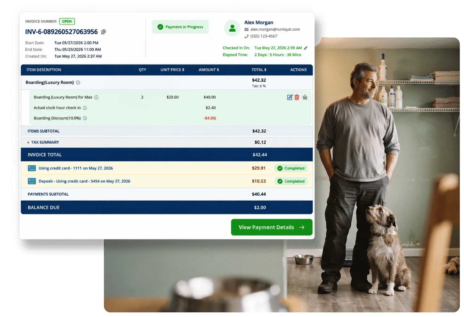 Boarding invoice showing completed card and deposit payments with a small balance due, beside a pet care owner standing in his shop with a scruffy dog at his side