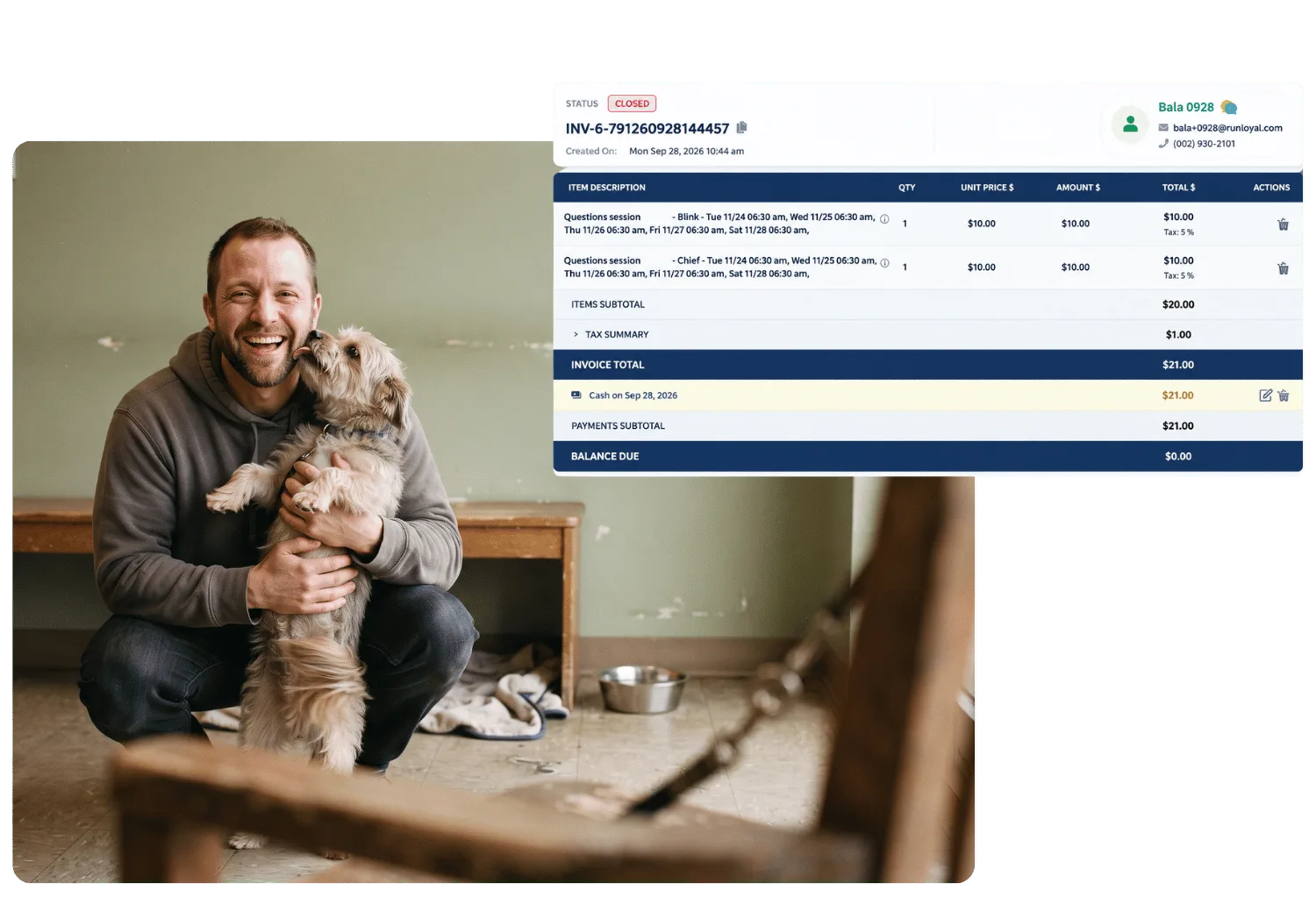 Closed invoice paid in full by cash with a zero balance due, beside a laughing pet parent hugging his small dog as it licks his face