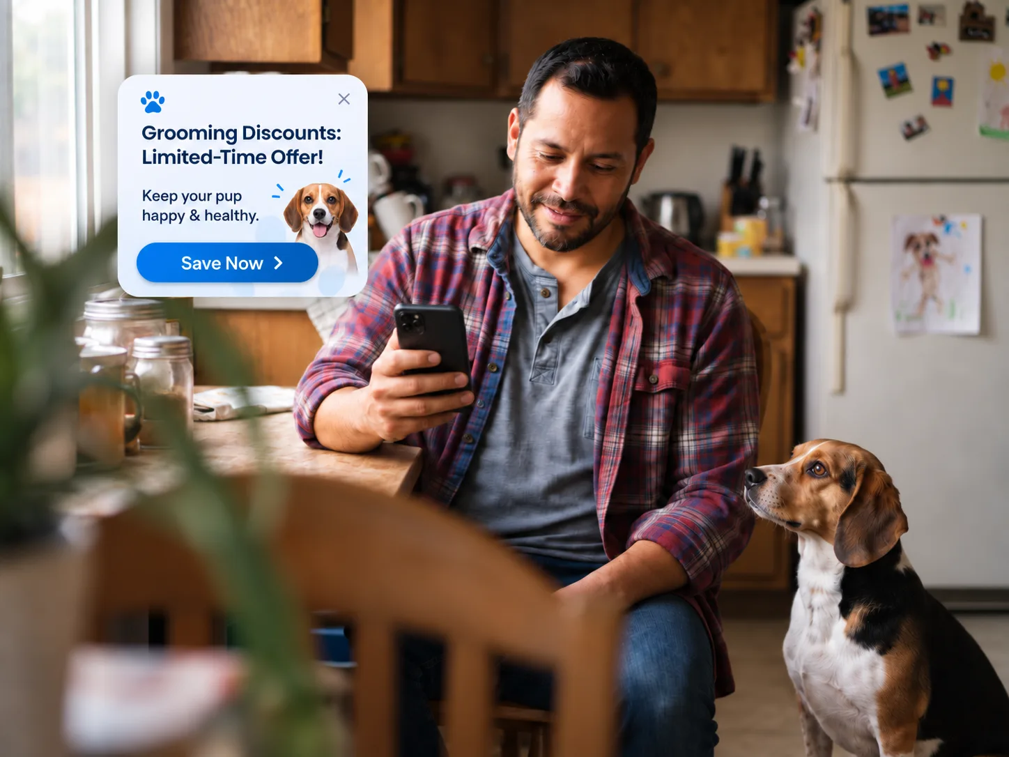 Grooming discount push notification with a Save Now button, beside a pet parent smiling at his phone in his kitchen as his beagle looks up at him