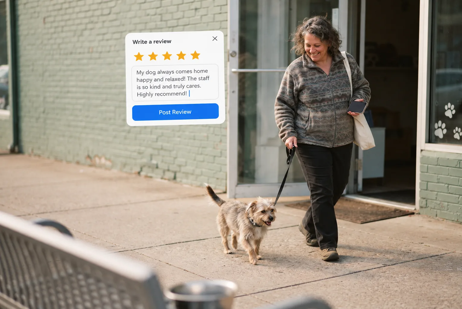 Five-star review prompt with a happy note about the staff, beside a smiling pet parent walking her small dog out of a pet care storefront